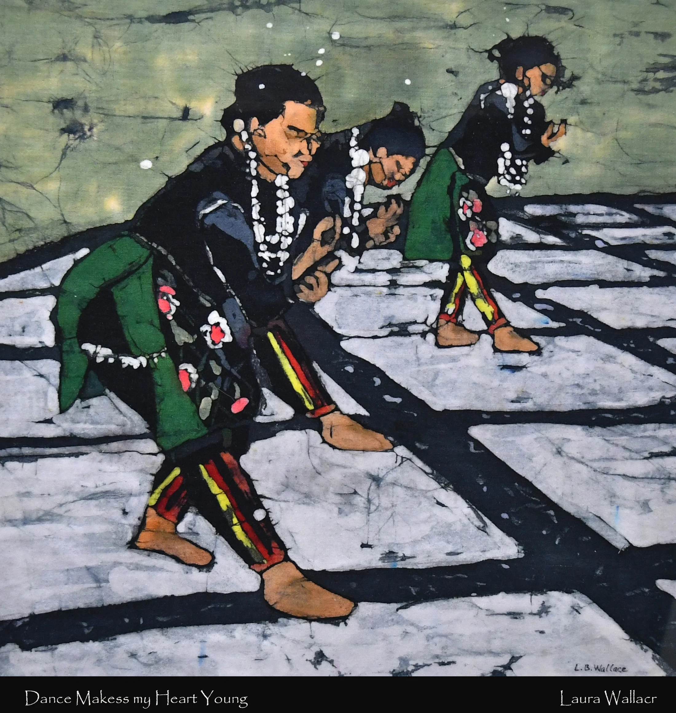 A batik-style painting of three figures in traditional dress dancing in a line. They wear dark tops, green sashes, and white beaded necklaces.