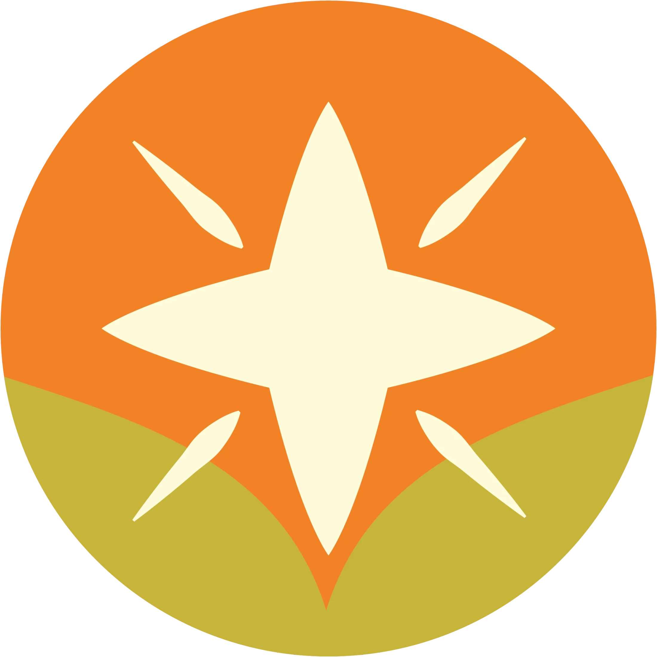 A circular logo featuring a cream-colored, four-pointed star shining over green hills against an orange sky. The design is simple and modern.