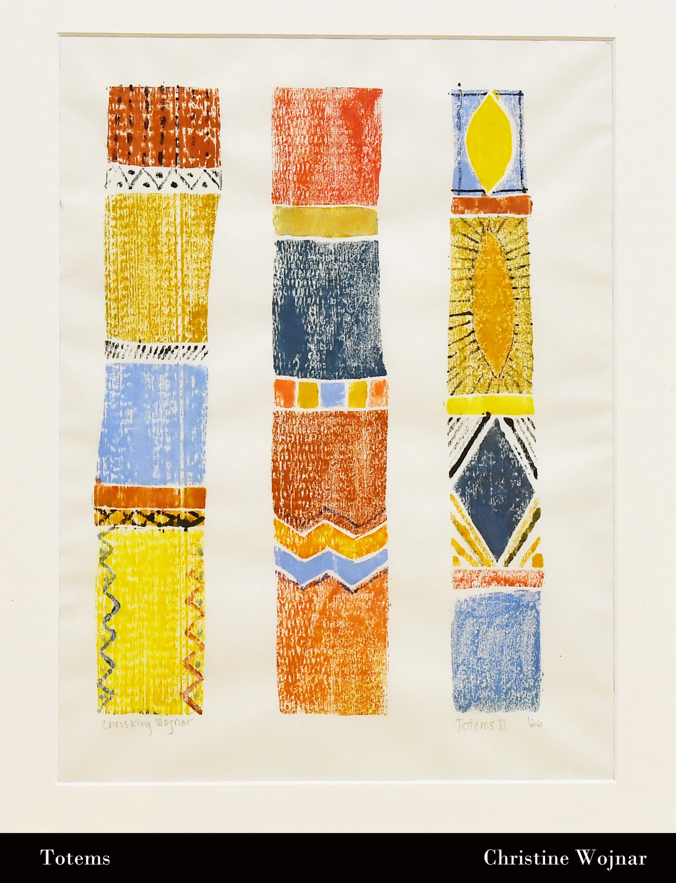 A colorful abstract print featuring three vertical totems. Each totem is composed of stacked rectangular blocks with various patterns and textures.