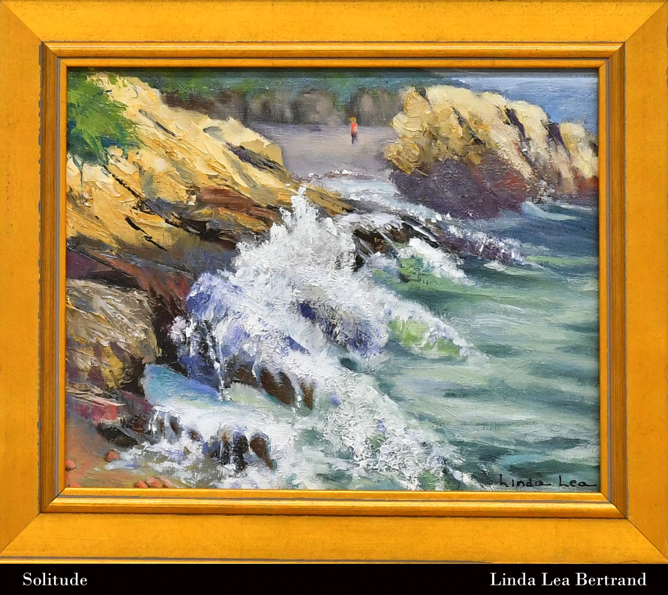 An impressionistic oil painting of waves crashing against a rocky coast. In the distance, a lone figure stands on the beach. The painting is in a gold frame.