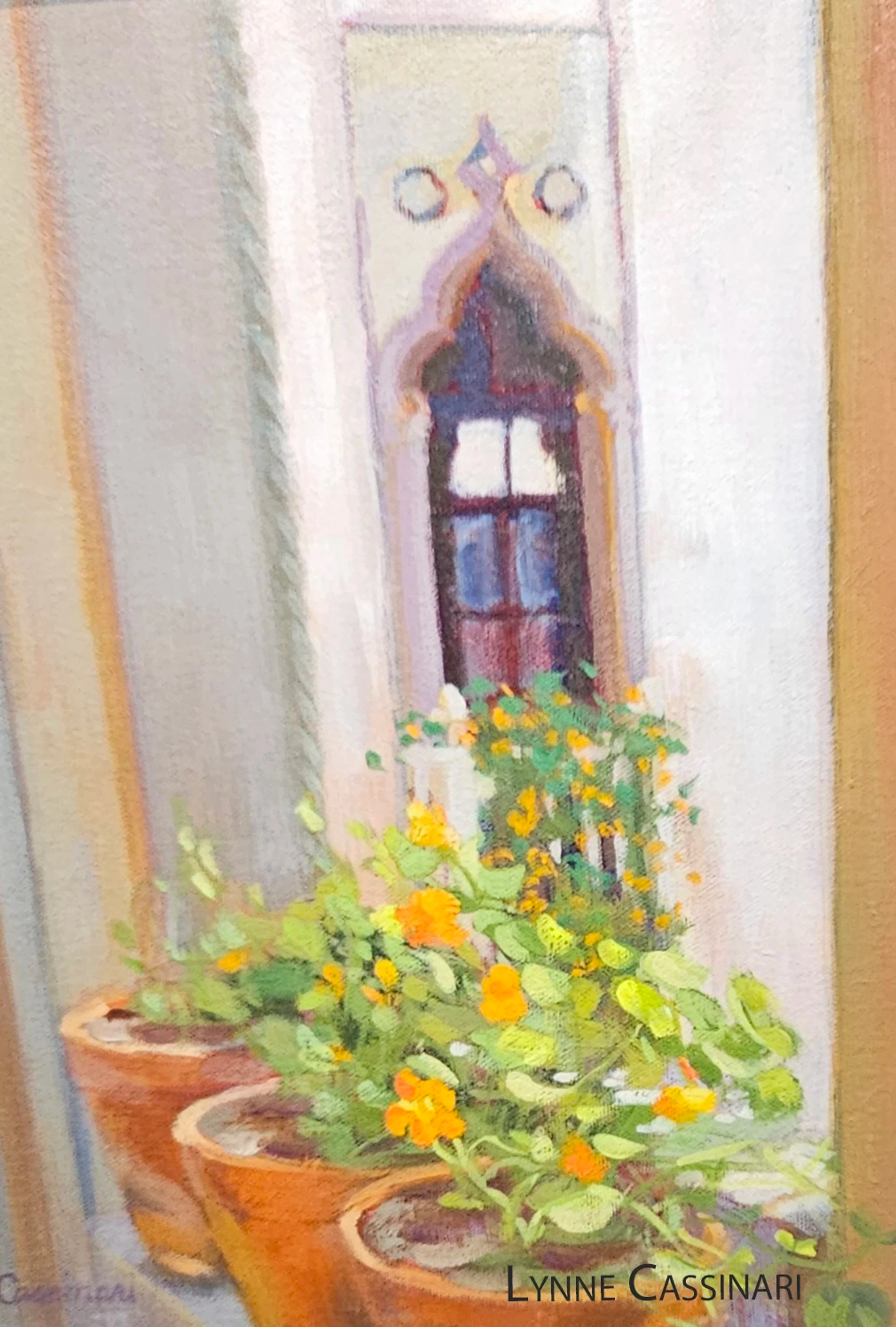 A painting depicting vibrant orange flowers in terracotta pots sitting in front of a tall, narrow, arched window on a light-colored building.