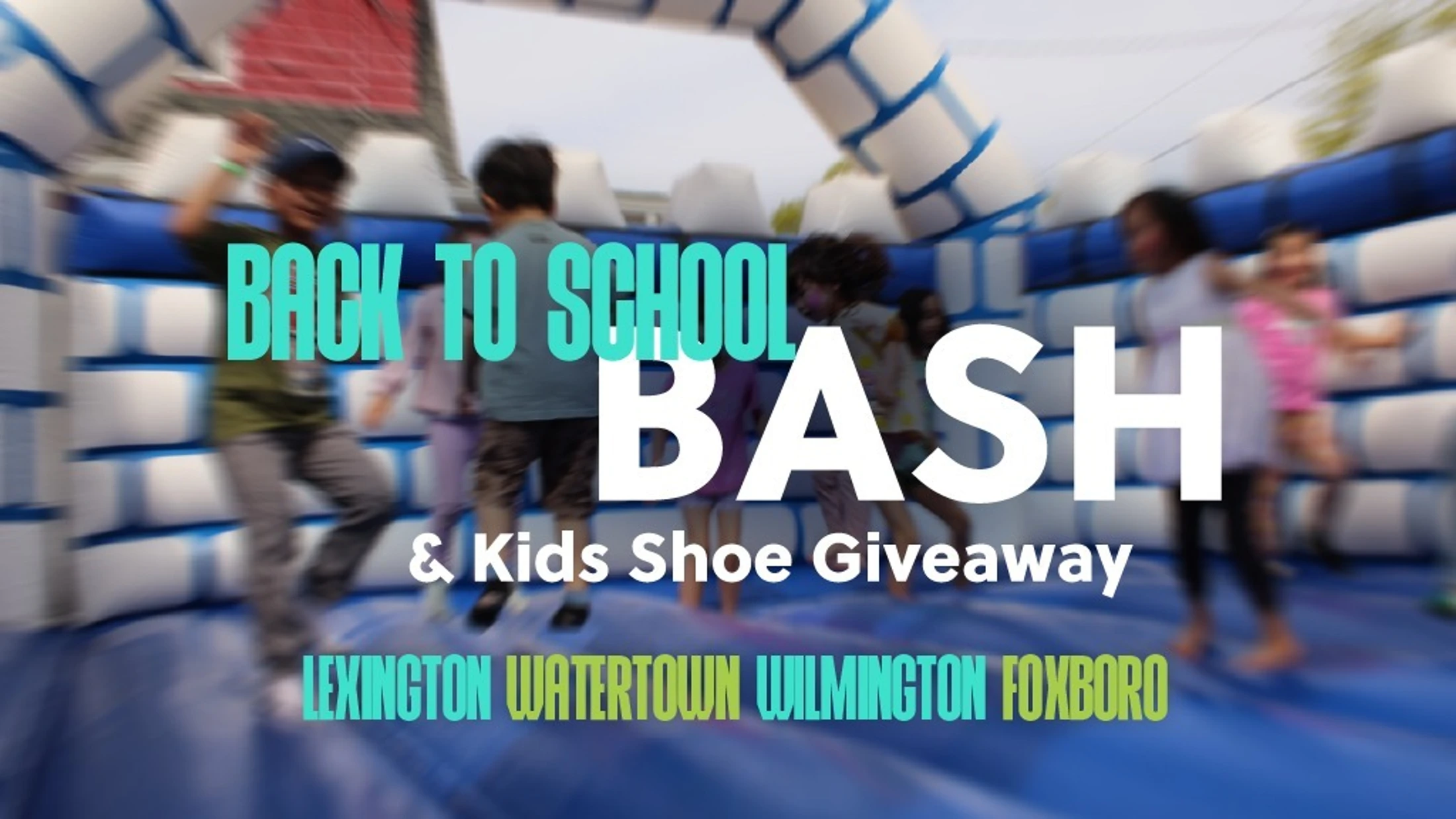 A promotional graphic for a Back to School Bash. In the background, kids jump inside a blue and white inflatable bounce house, blurred to show excitement.
