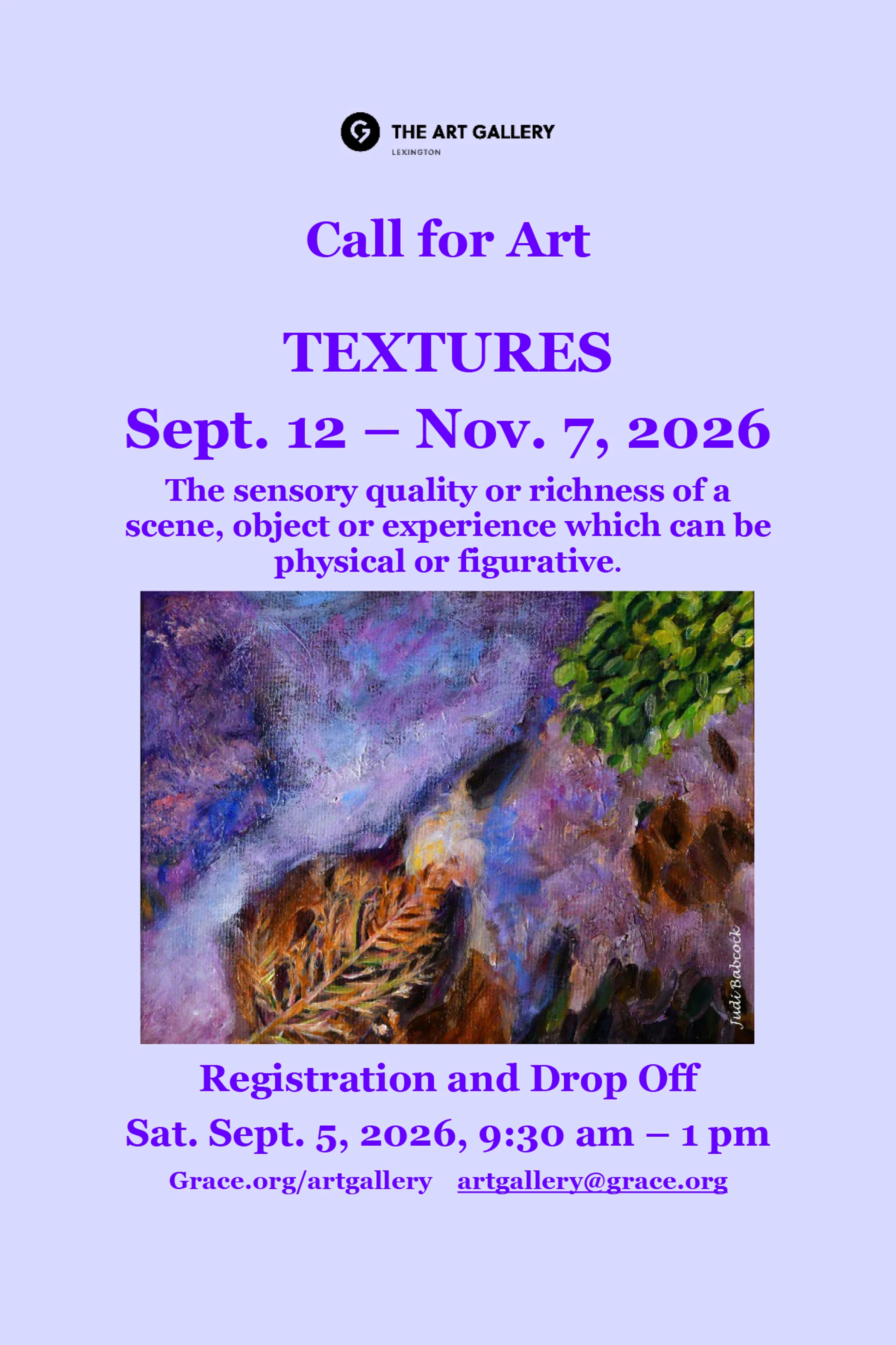 A light purple flyer for a 'Call for Art' titled 'Textures' at The Art Gallery in Lexington, featuring a textured, abstract painting in shades of purple.