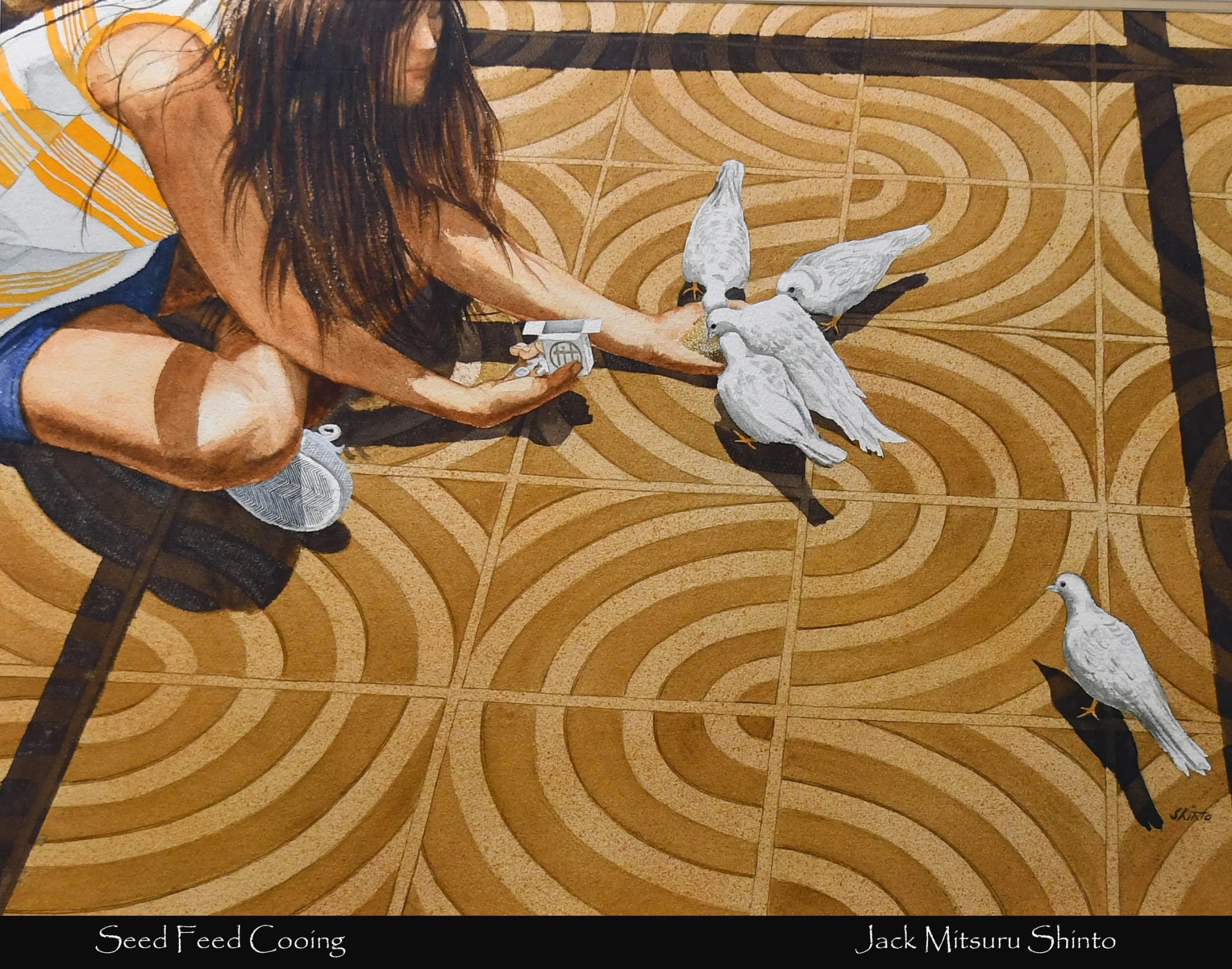 A watercolor painting from a high angle shows a person kneeling on a patterned floor, feeding a flock of white doves from seeds on their outstretched arm.