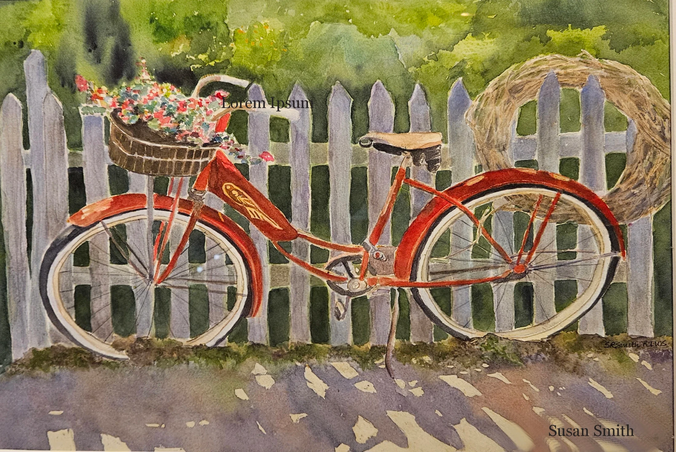 A watercolor painting of a vintage red bicycle with a basket of flowers leaning against a white picket fence. A wreath hangs on the fence behind it.