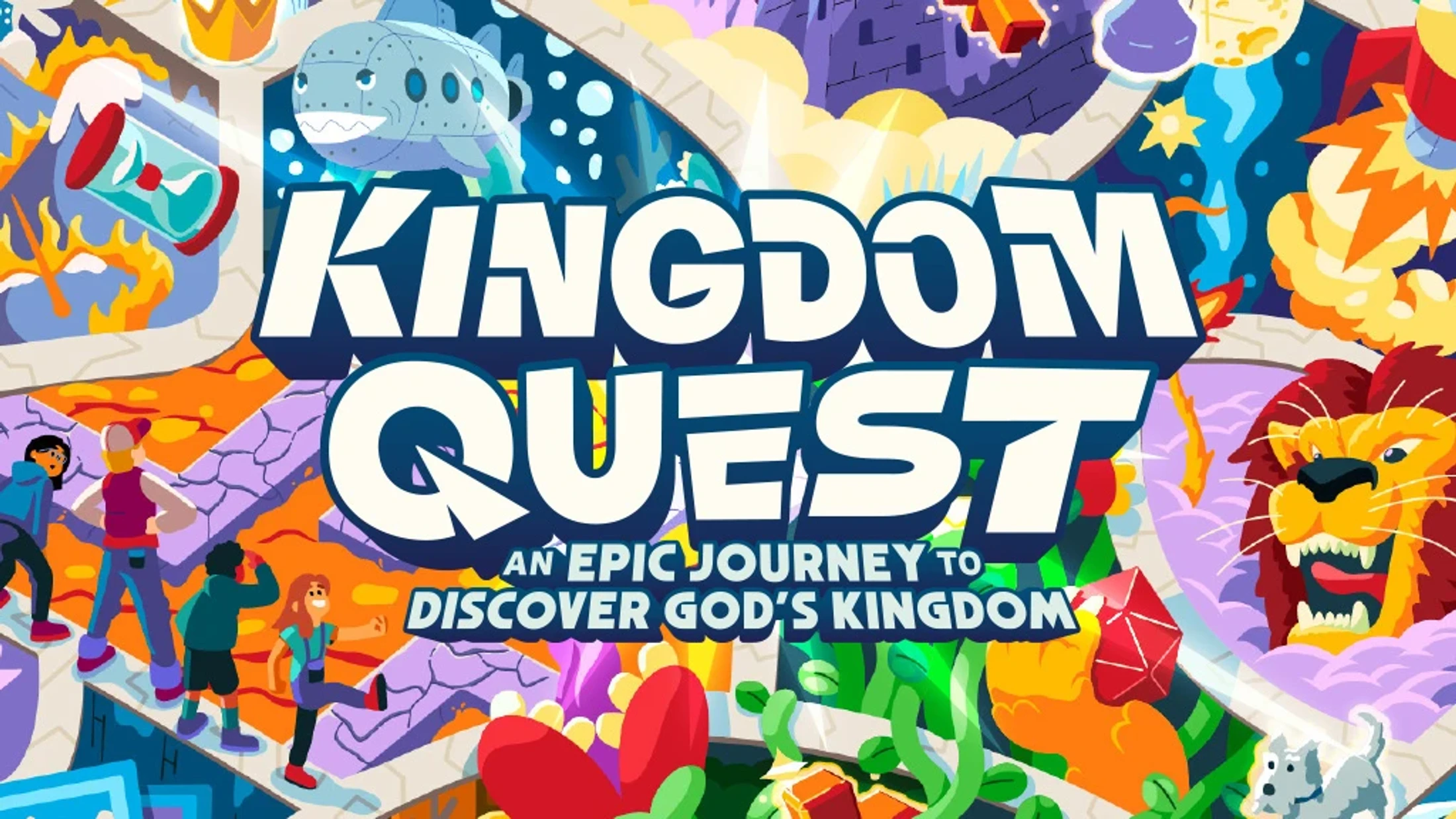 A colorful cartoon graphic for 'Kingdom Quest' shows adventurers on a path with a roaring lion, a rocket ship, and a mechanical shark submarine.