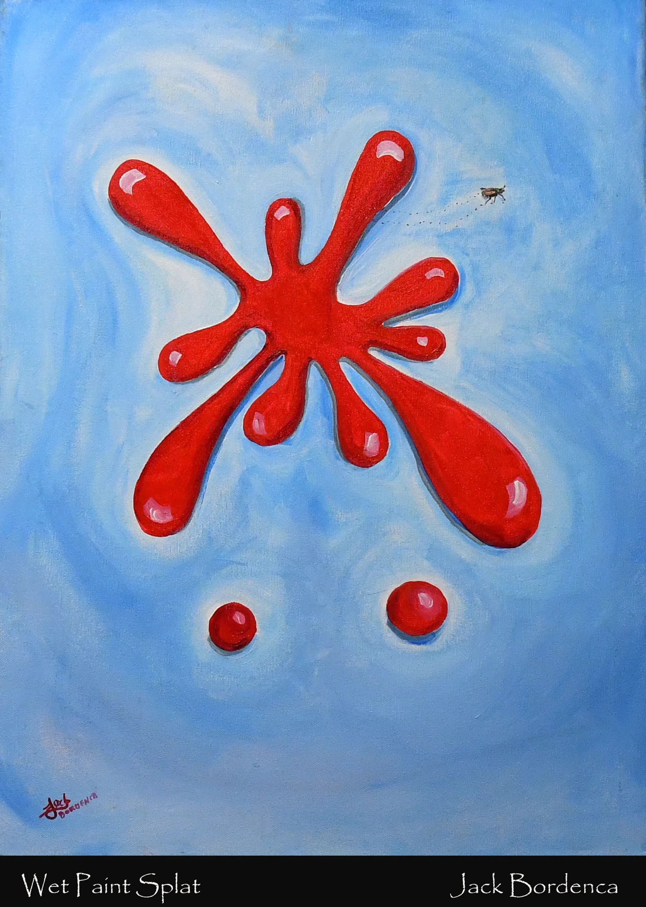 A painting of a large, shiny red paint splat on a light blue background. Below the splat are two small red drops, and a fly is buzzing away from the paint.