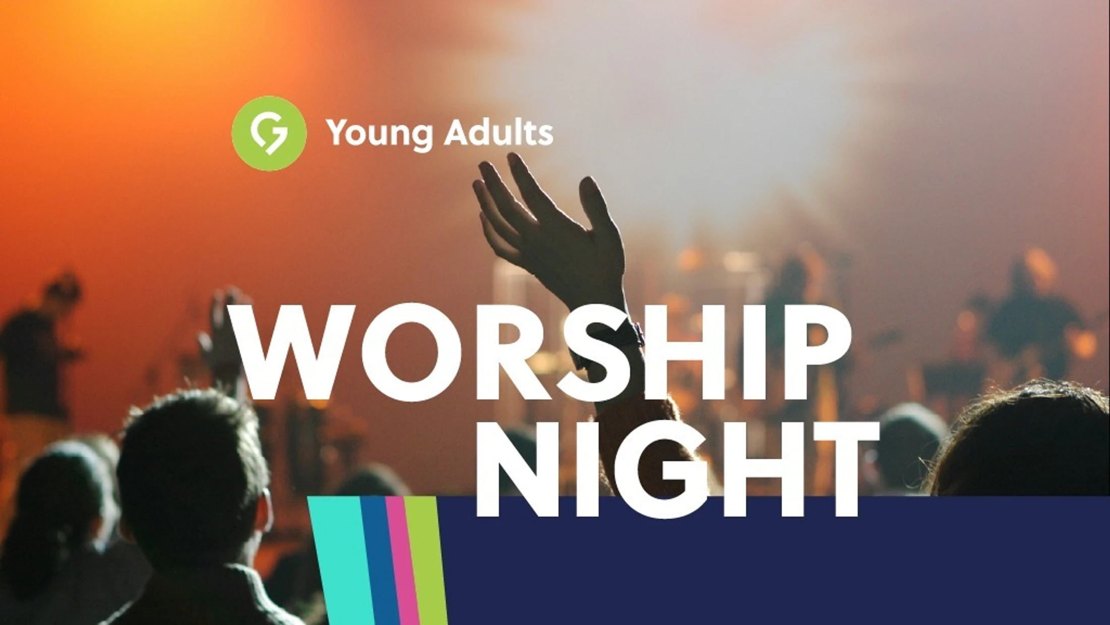 A promotional graphic for a Young Adults Worship Night showing a crowd with one hand raised towards a warmly lit stage.