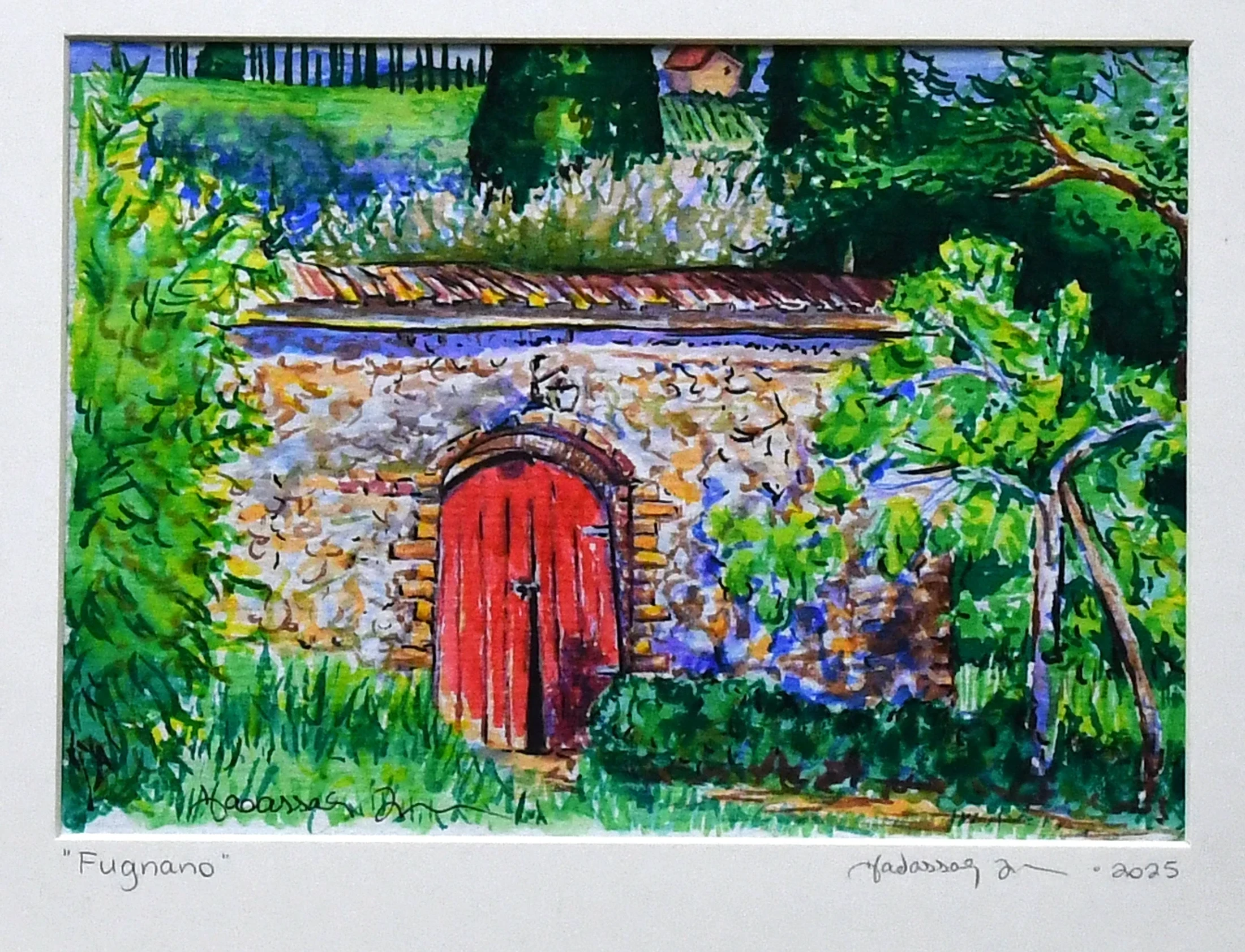A vibrant watercolor painting of a rustic stone building with a bright red arched door, surrounded by lush green foliage and a distant landscape.