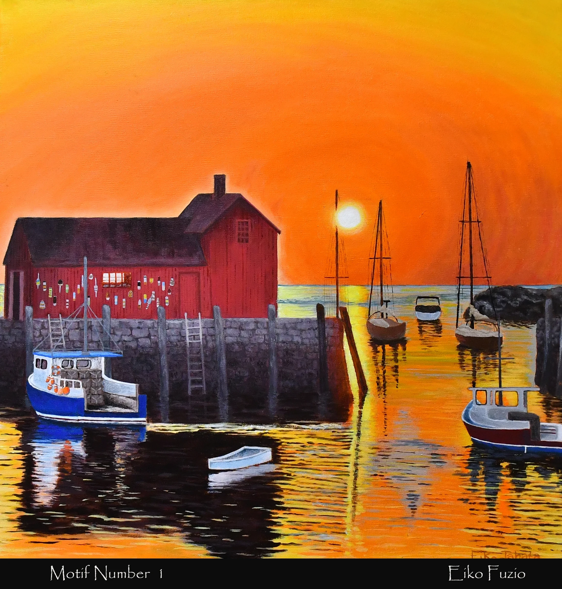 A painting of a harbor at sunset. A red fishing shack on a pier sits beside boats in the water, which reflects the vibrant orange and yellow sky.