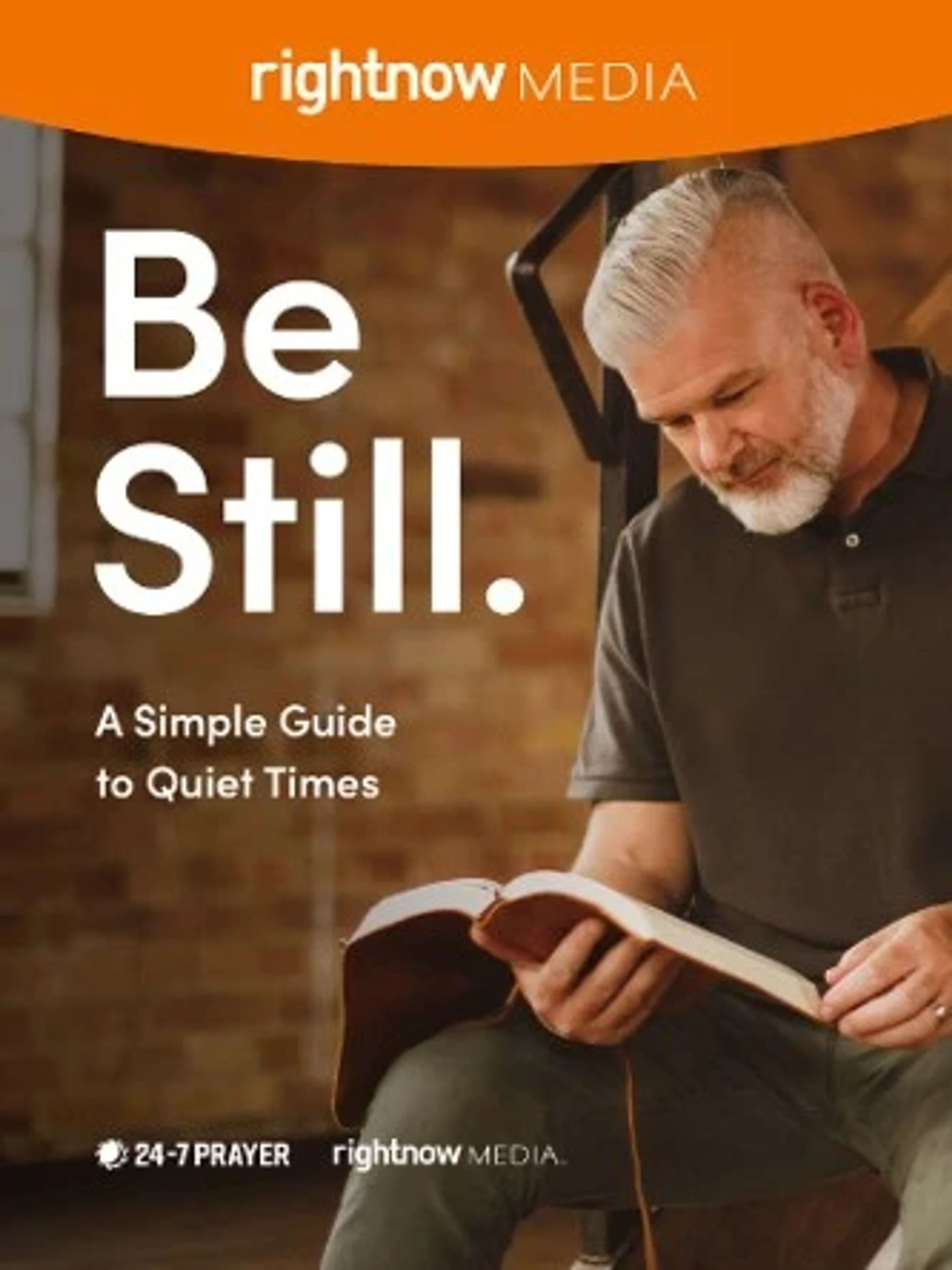 A middle-aged man with gray hair and a beard sits while reading a book. The cover art text reads, "Be Still. A Simple Guide to Quiet Times."