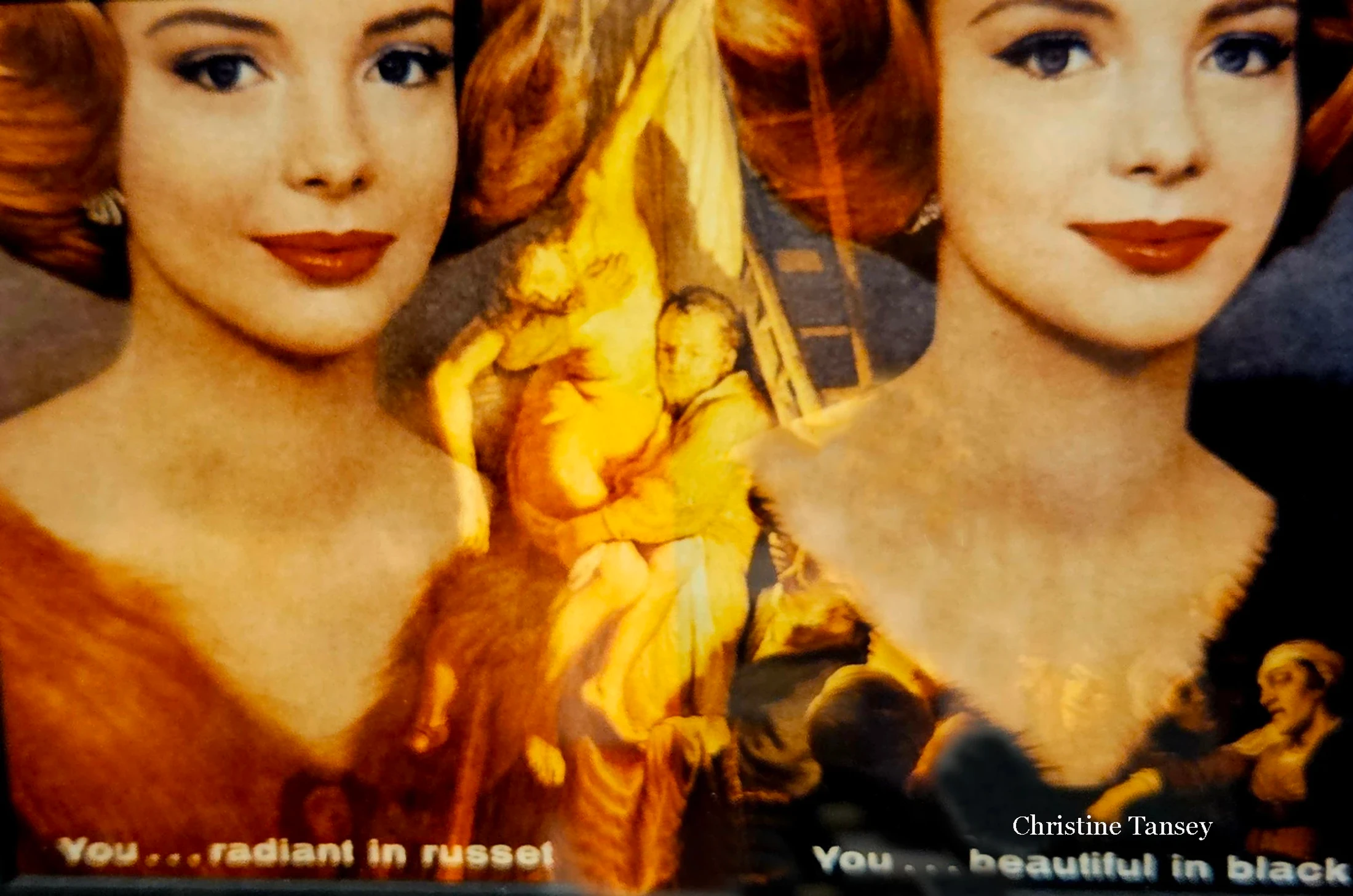 A retro-style ad with two images of the same woman with red hair and makeup. Text below reads "You...radiant in russet" and "You...beautiful in black."