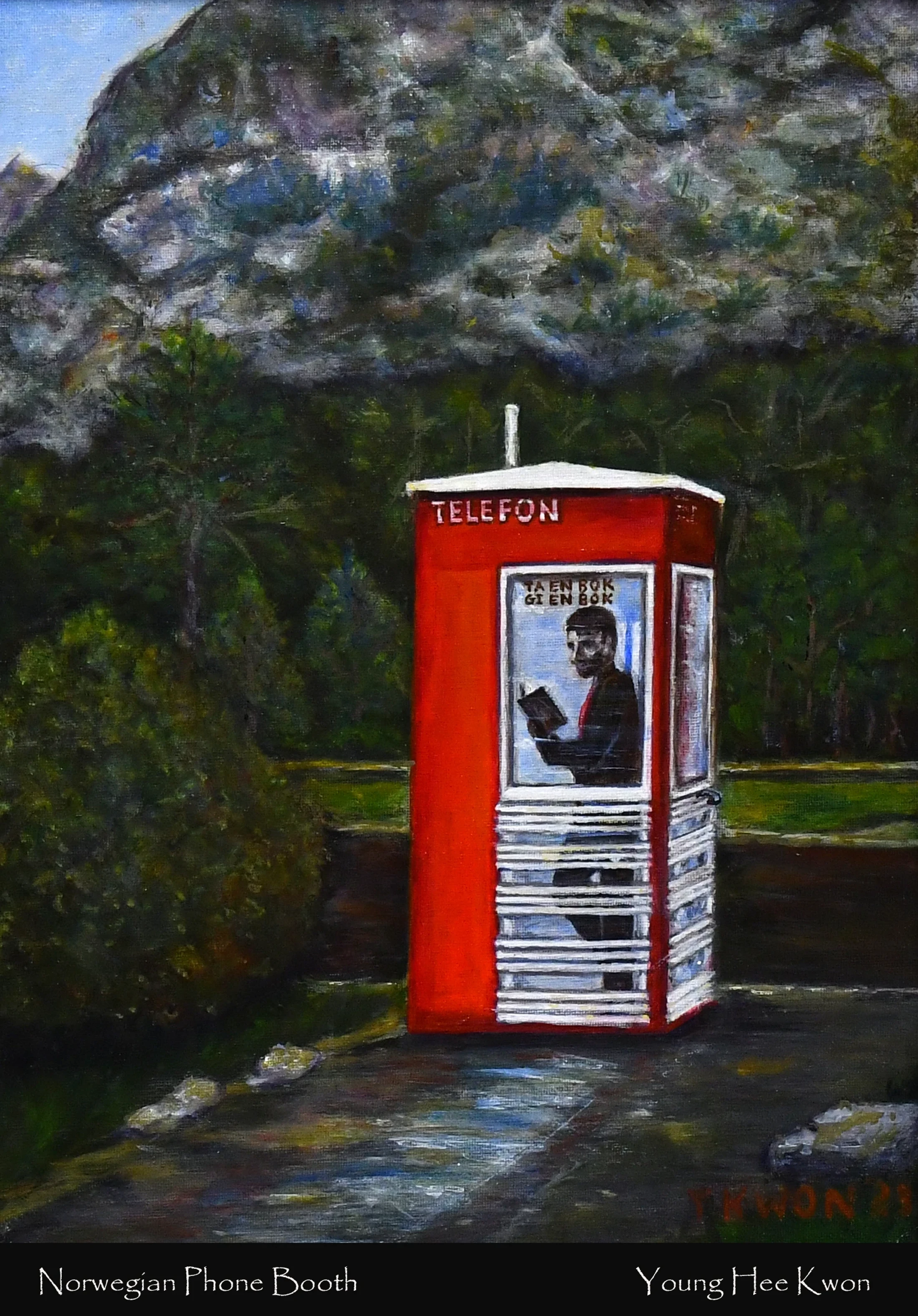 A painting of a bright red telephone booth standing on a wet path. In the background, there is a dark forest and a large, rocky mountain.