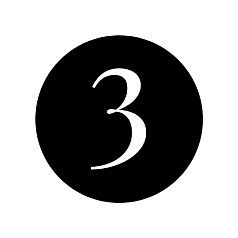 A white number 3 in an elegant serif font is centered inside a solid black circle on a white background.