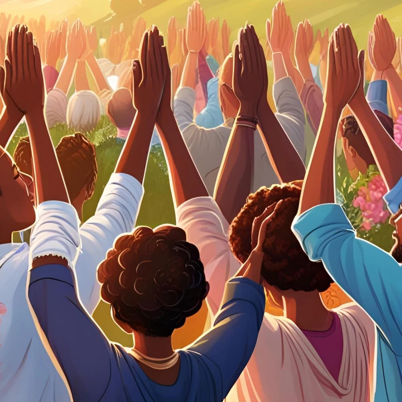 An illustration of a large, diverse crowd of people seen from behind, raising their hands in unison towards a bright, golden light in a field.