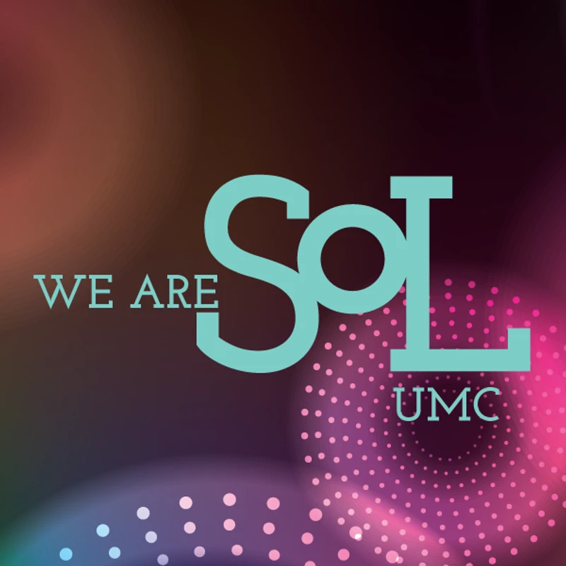 The SoL UMC logo in teal text against a dark, abstract background with colorful swirls of light and dots. The text reads 'WE ARE SoL UMC'.