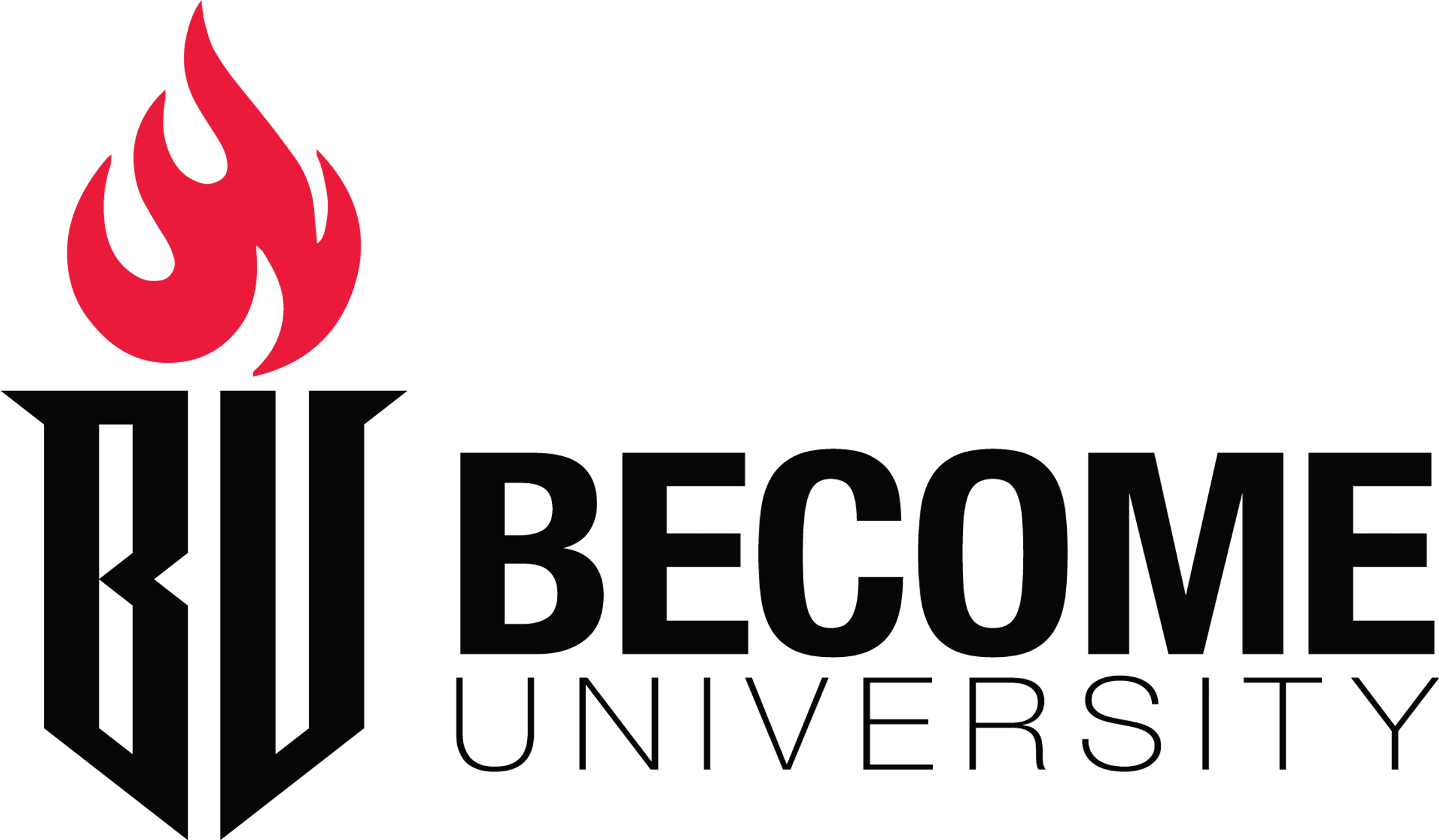 The logo for Become University. It features a stylized black torch with the initials BU, topped with a red flame, next to the words BECOME UNIVERSITY in black.