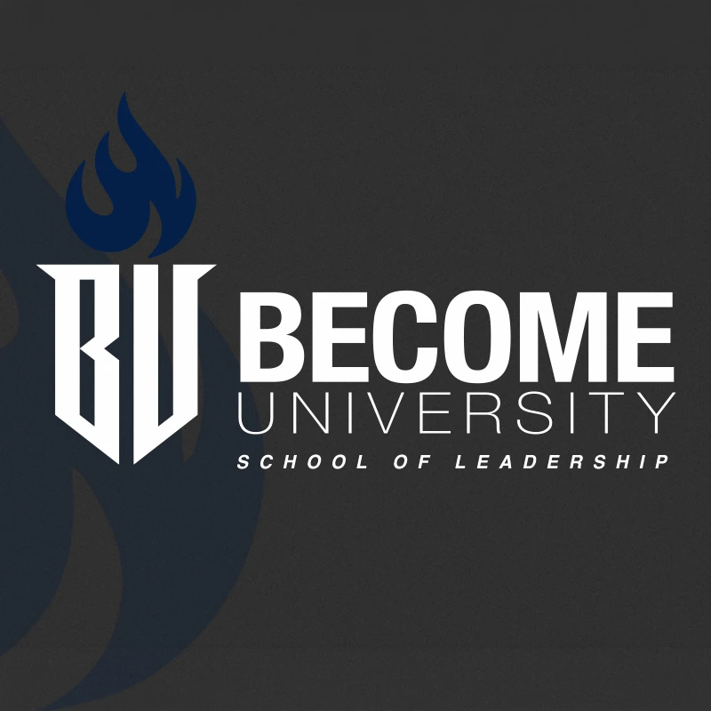 The logo for Become University School of Leadership on a dark gray background, featuring a white 'BU' monogram torch base with a blue flame.