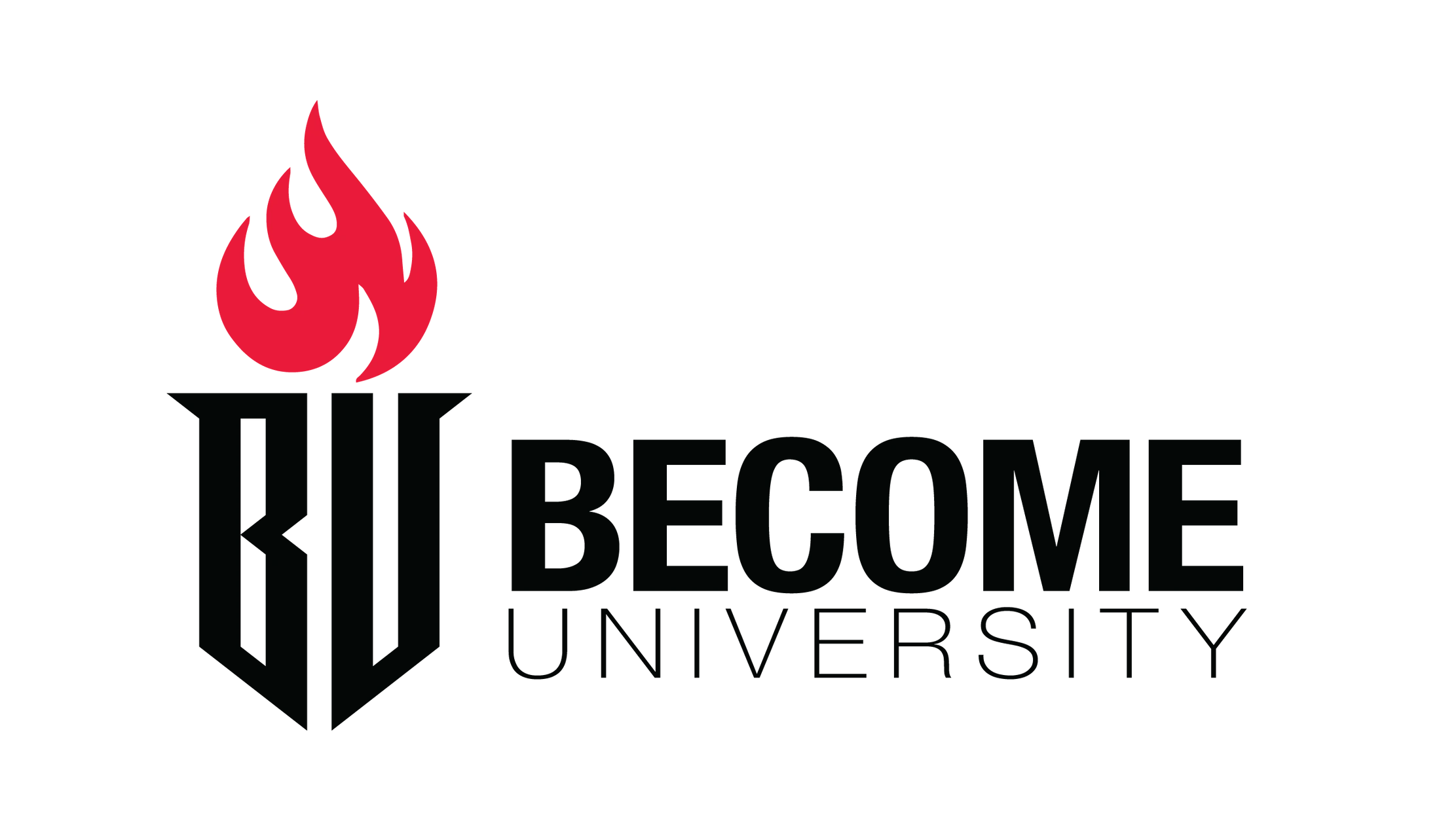 The logo for Become University, featuring a red flame icon and red stripes above the text on a black background.