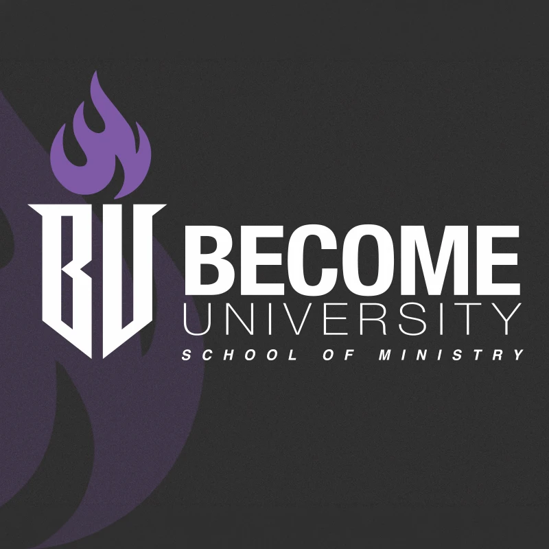 The logo for Become University School of Ministry on a dark gray background. It has a white torch icon with the letters BU and a purple flame.