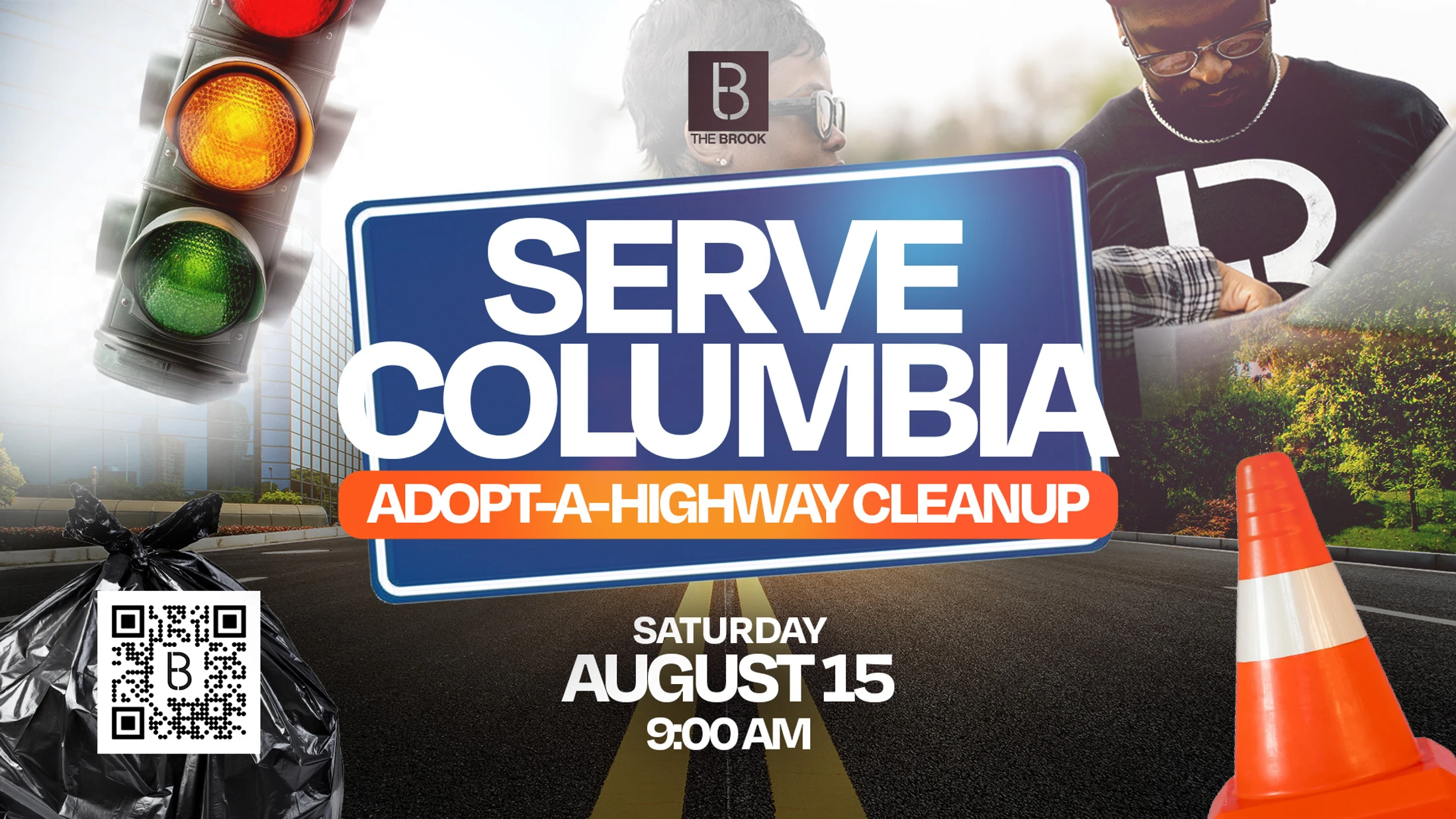 A promotional graphic for a 'Serve Columbia Adopt-A-Highway Cleanup' on Saturday, August 15 at 9 AM, featuring a road, traffic cone, and trash bag.