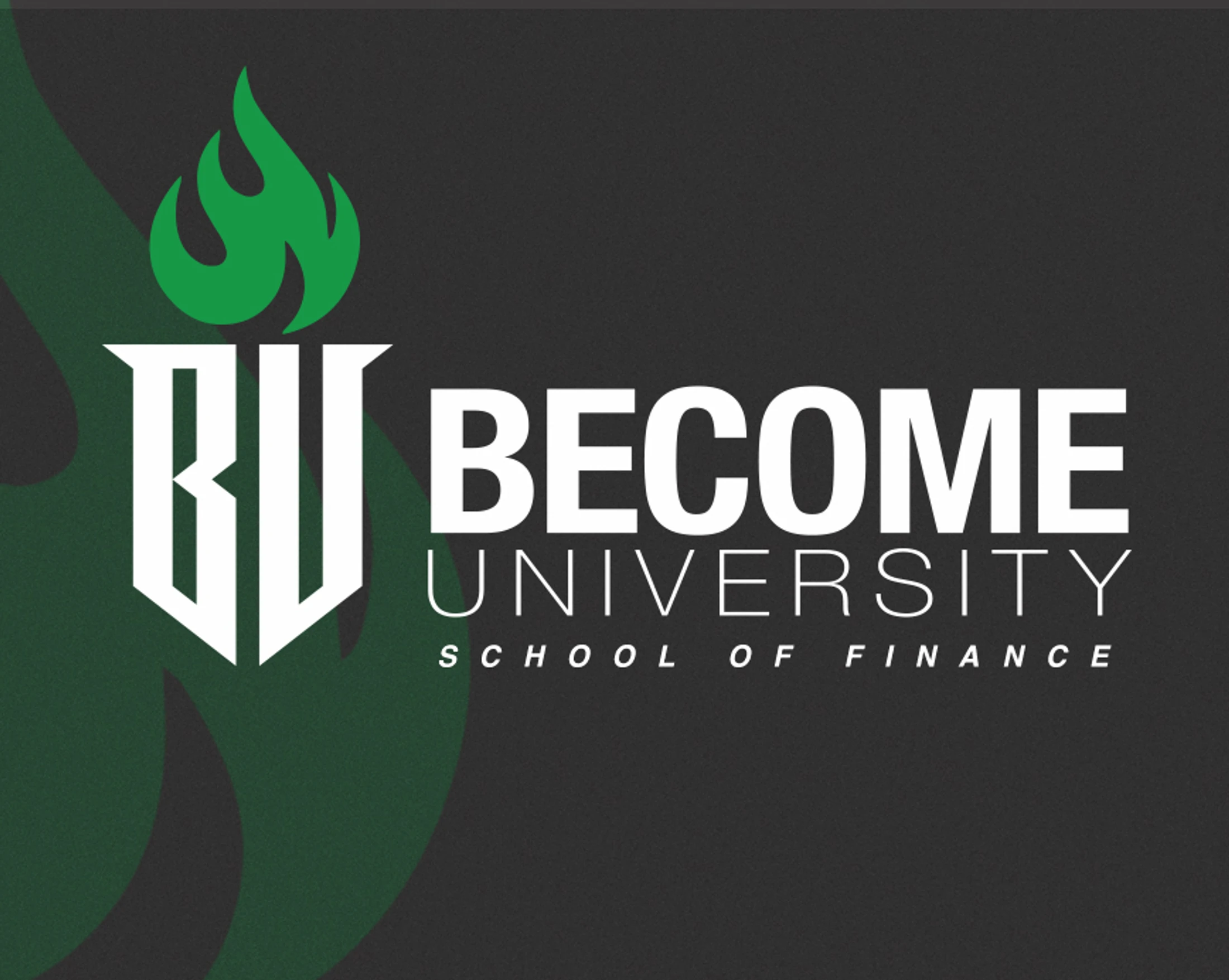 The logo for Become University School of Finance, featuring a white monogram torch with a green flame on a dark gray background.