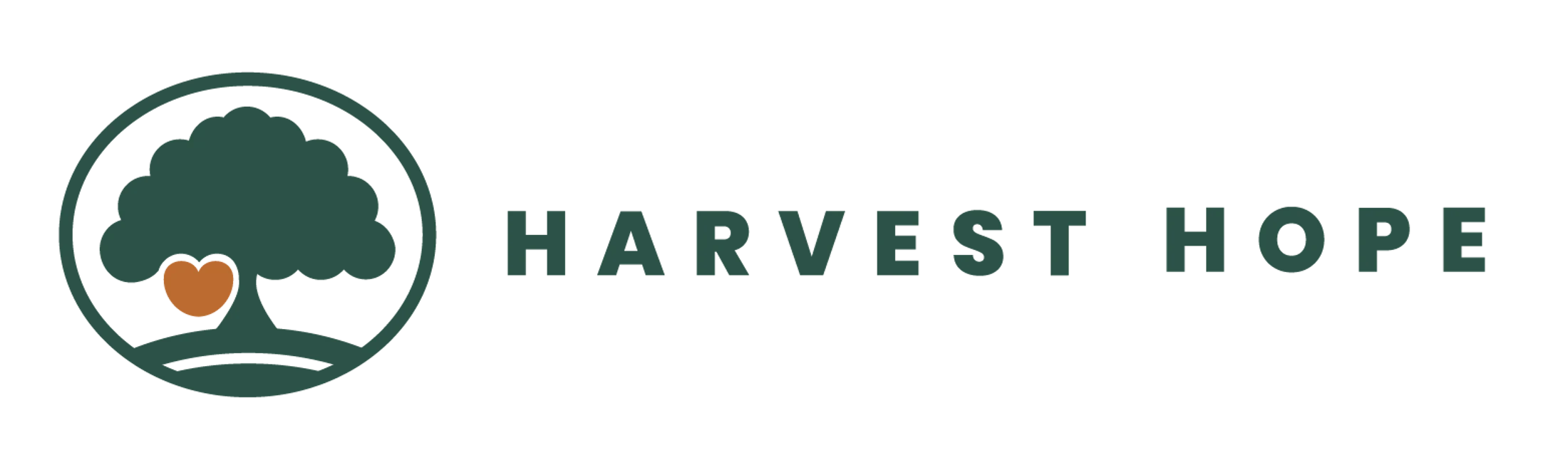 The Harvest Hope logo, featuring a green tree with an orange, heart-shaped fruit inside a circle next to the organization's name in green block letters.