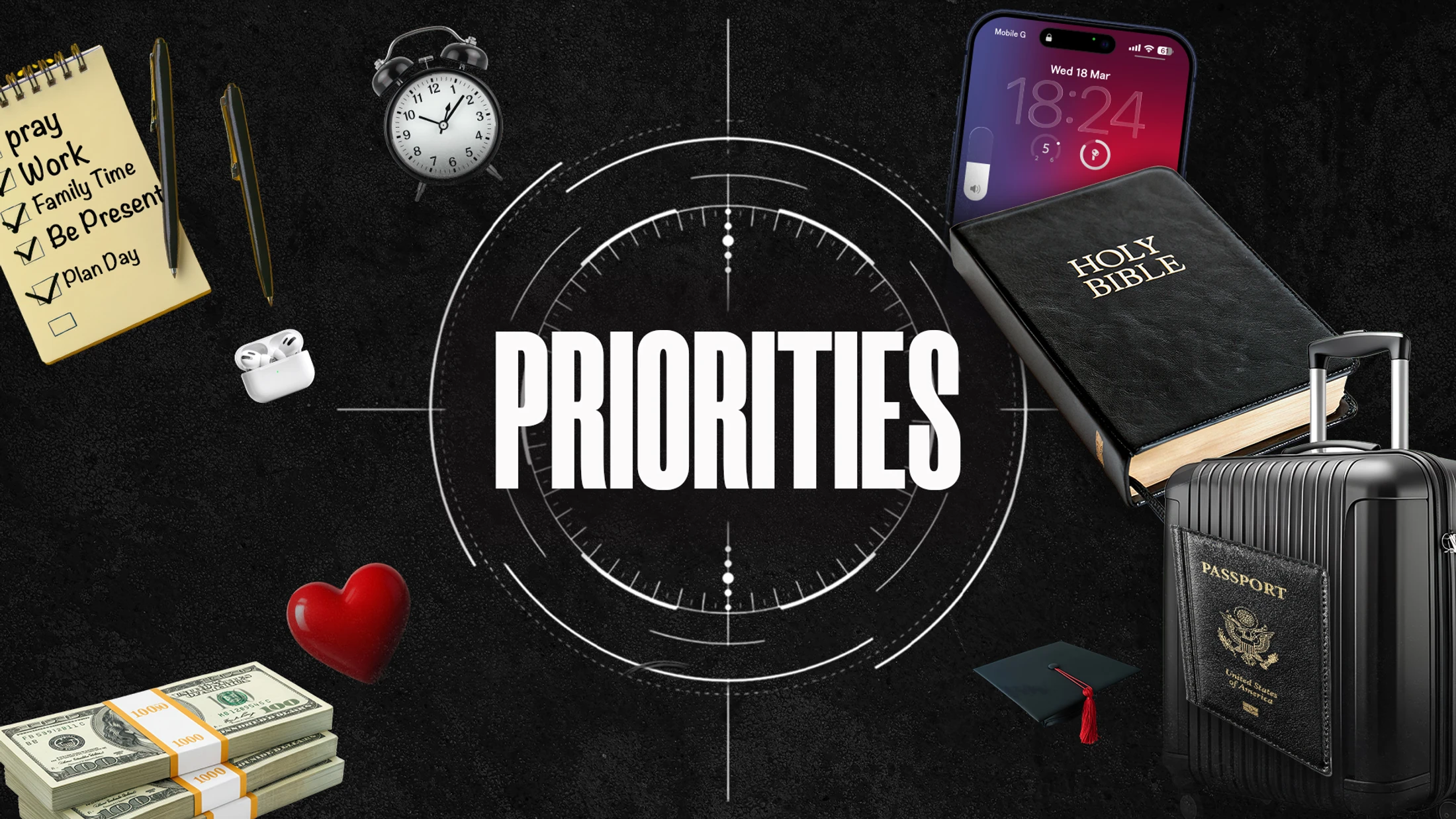 The word 'Priorities' in a target, surrounded by objects representing life choices like money, faith, work, family, travel, and love on a black background.