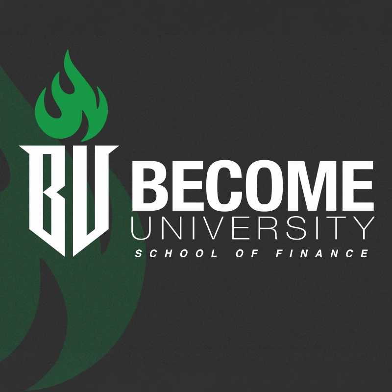 Logo for Become University School of Finance, featuring a white torch icon with a green flame next to the university's name on a dark gray background.