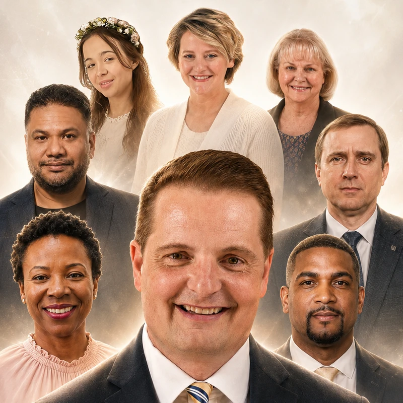A photo collage of eight diverse people. A smiling man in a suit is in the center, surrounded by men, women, and a young girl of various ethnicities.