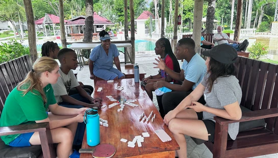 A diverse group of people sit around a wooden table under a gazebo, laughing and talking while playing a game of dominoes in a lush, tropical location.