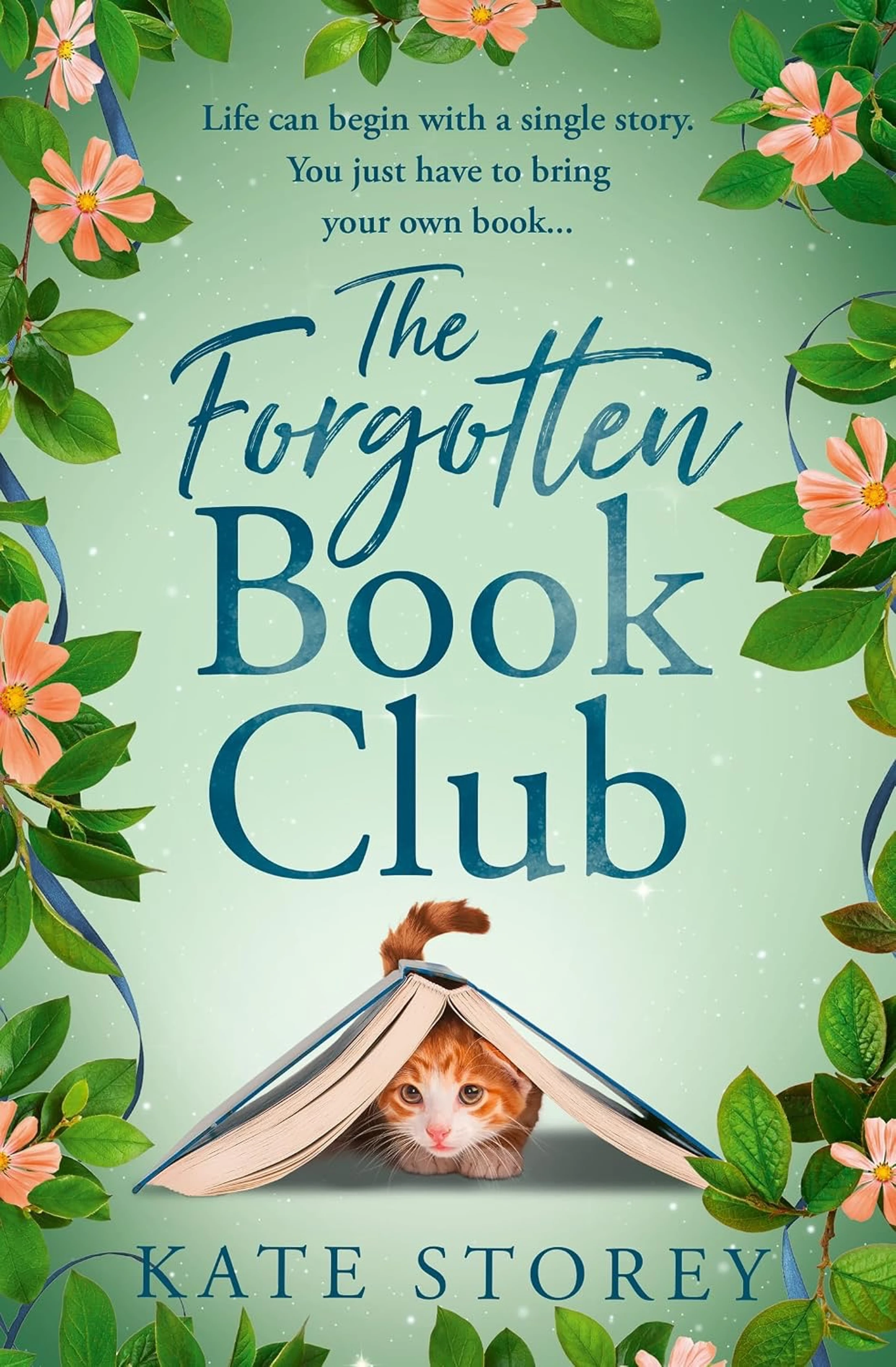 The book cover for 'The Forgotten Book Club' shows a small ginger kitten peeking out from under an open book, framed by leaves and pink flowers.
