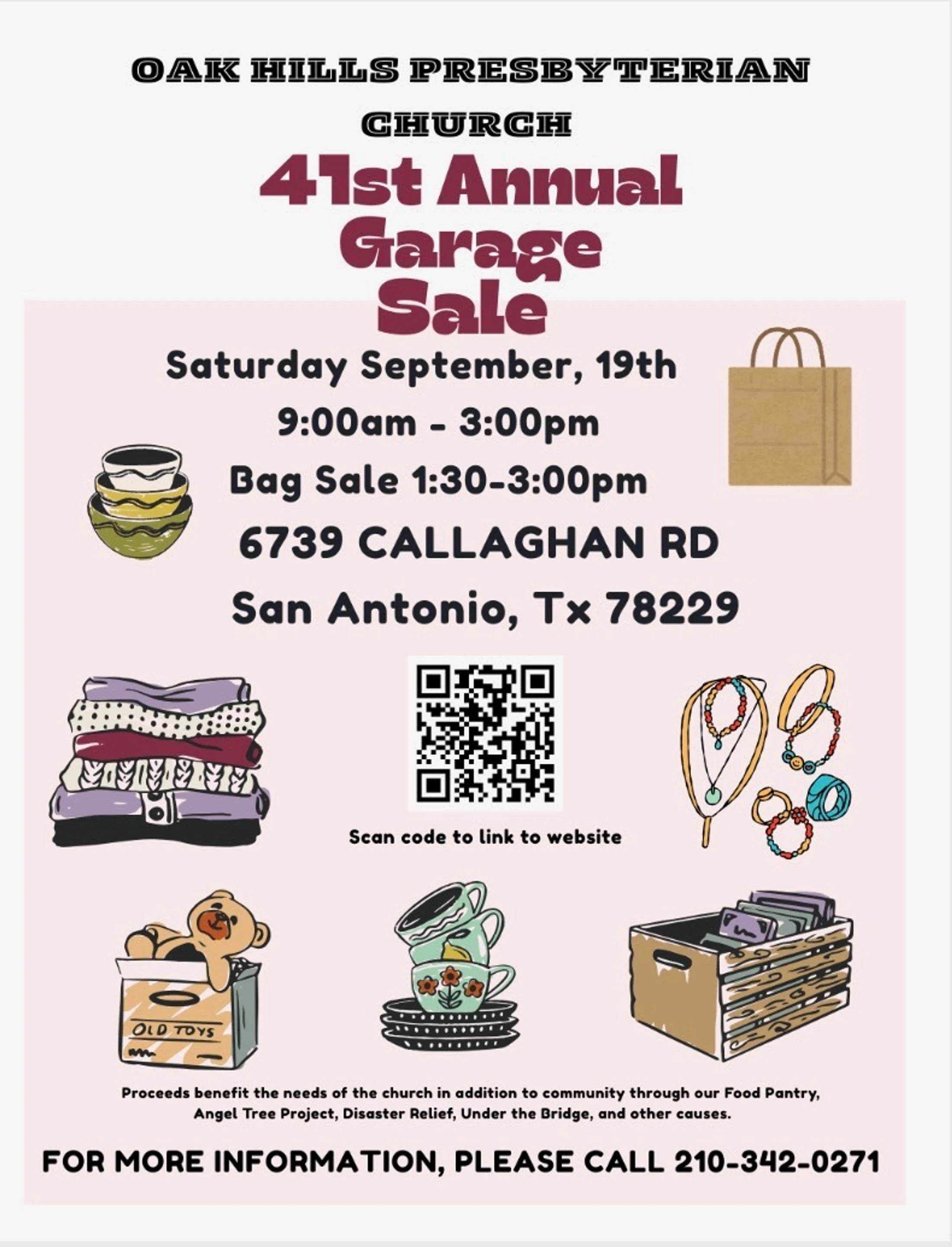 Flyer for the 41st Annual Garage Sale at Oak Hills Presbyterian Church on Saturday, September 19th in San Antonio, TX, with details and illustrations.