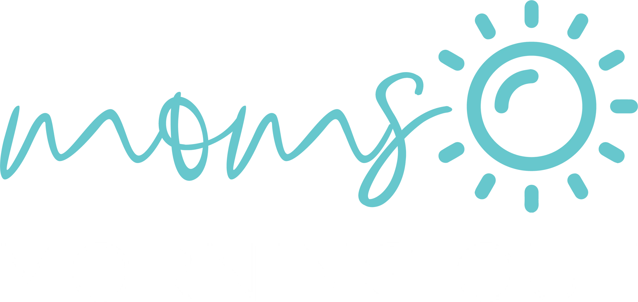 The word "moms" is written in a light blue, flowing cursive script. The letter "o" is cleverly replaced by a simple, hand-drawn sun icon with rays.