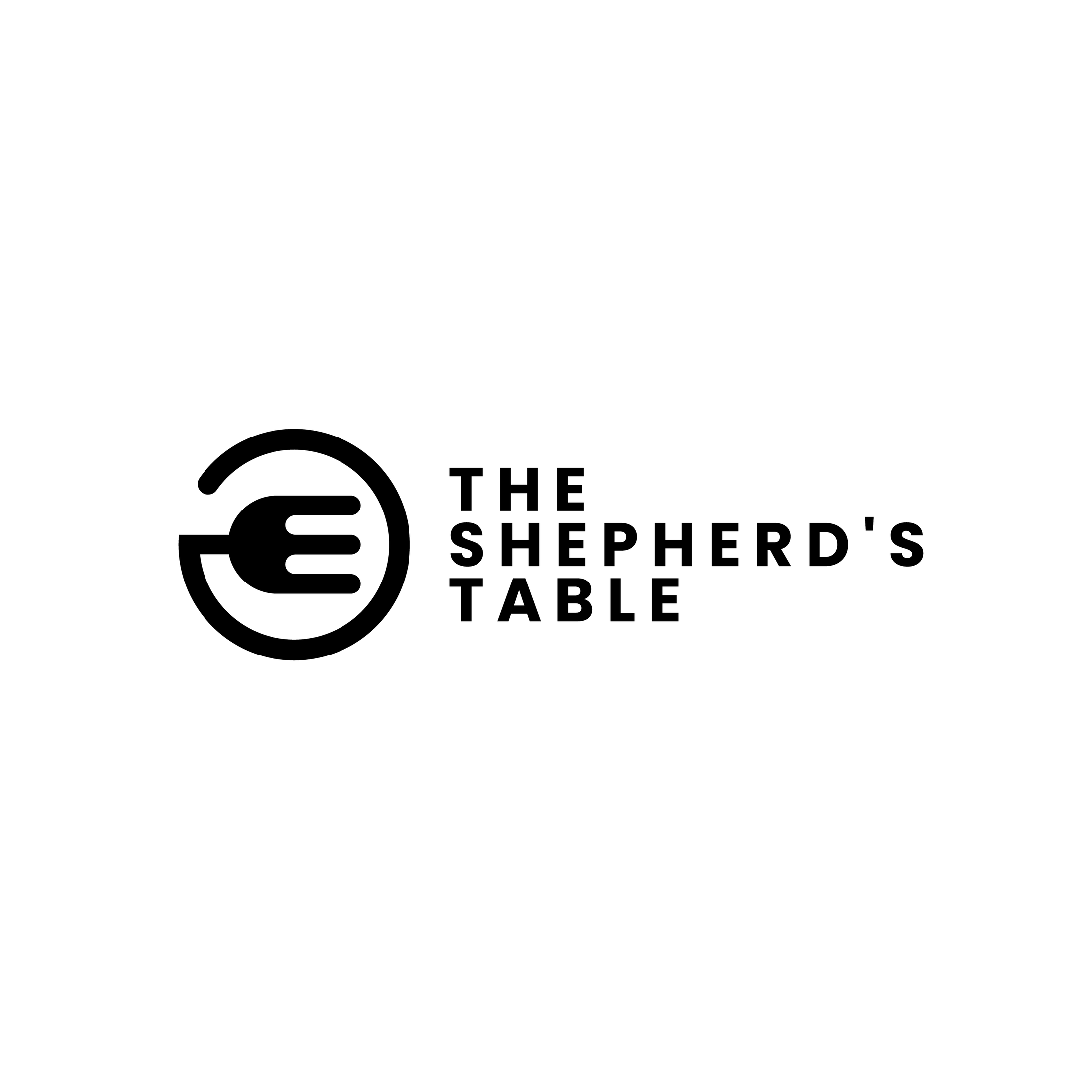 A minimalist black logo on a white background featuring a stylized fork icon inside a circle, next to the stacked text "THE SHEPHERD'S TABLE".