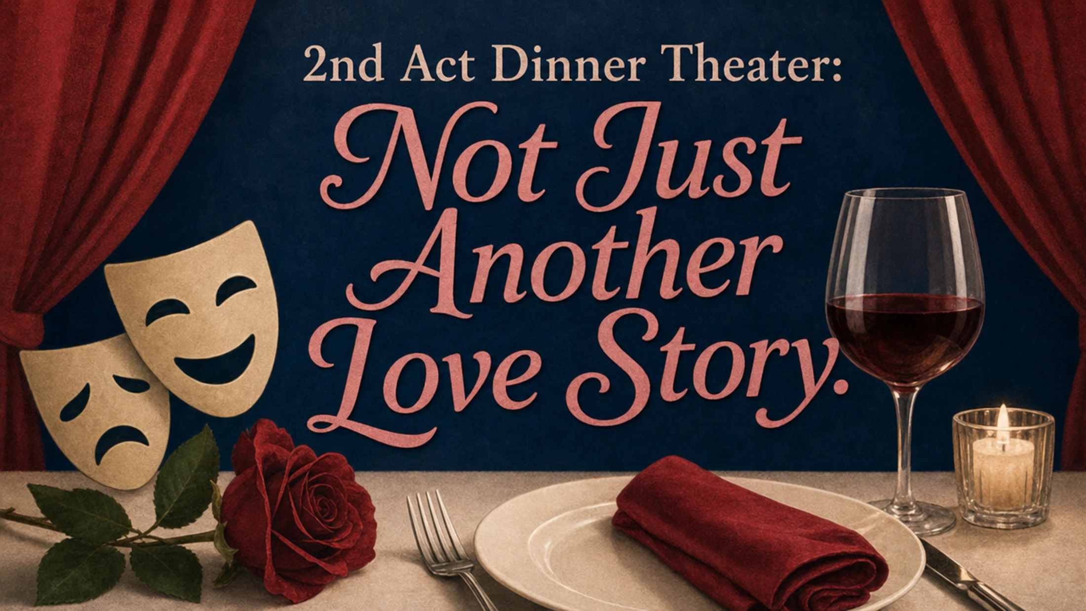 A dinner table set with a rose and a glass of wine, with comedy and tragedy masks. Text announces the '2nd Act Dinner Theater: Not Just Another Love Story'.