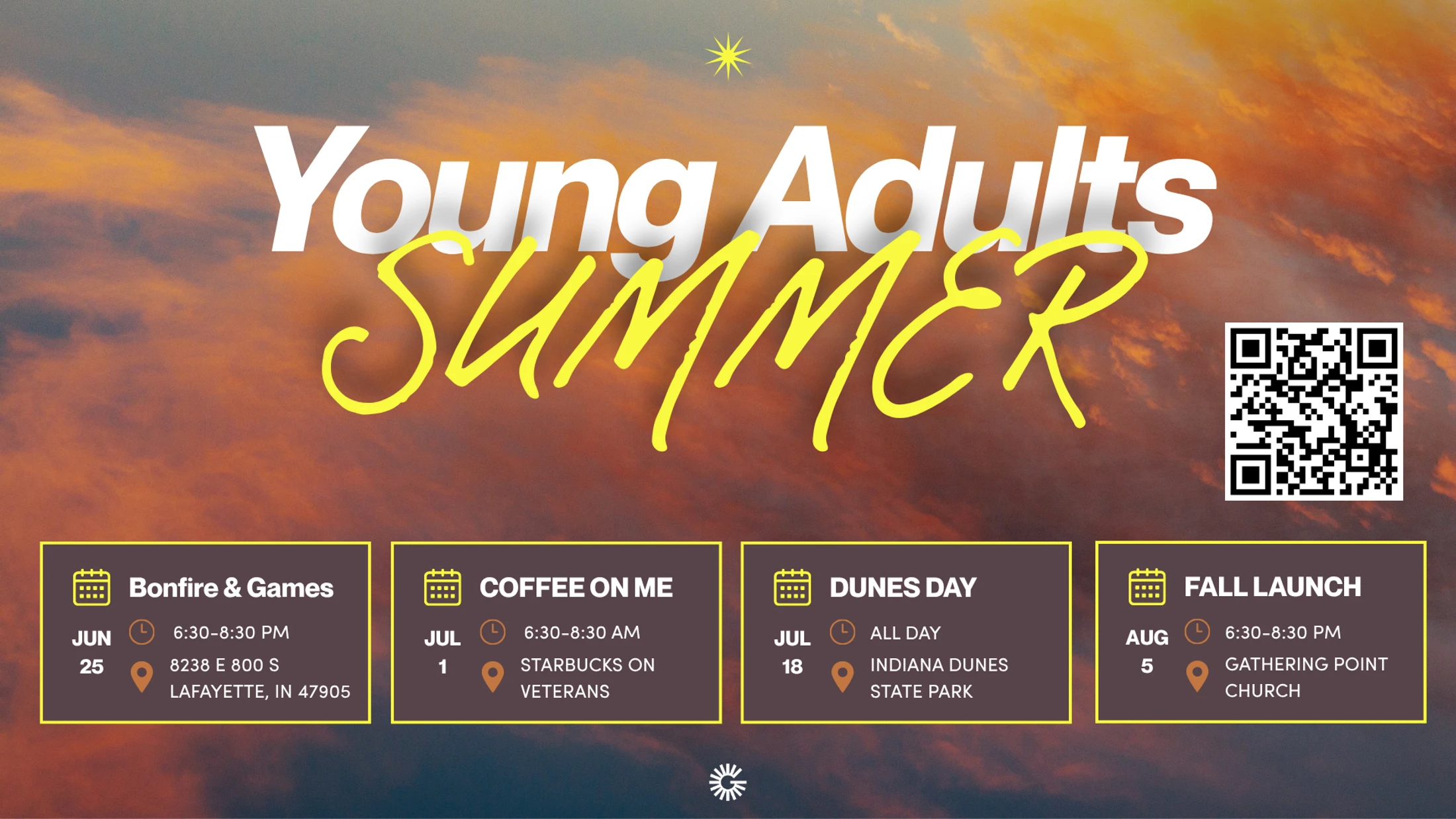 A schedule for Young Adults Summer events against a sunset background. Events include Bonfire & Games, Coffee on Me, Dunes Day, and Fall Launch with dates.