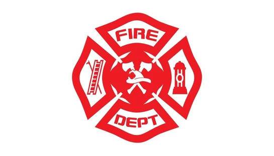 A red Fire Department emblem shaped like a Maltese cross with 'FIRE' and 'DEPT' text and icons of a ladder, hydrant, helmet, and crossed axes.