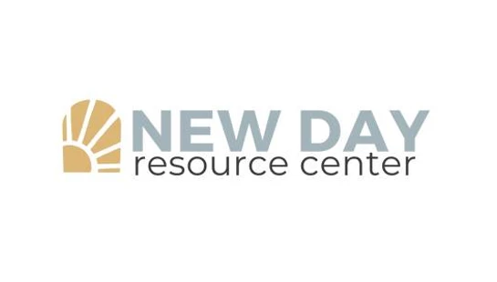The logo for New Day Resource Center, featuring a tan rising sun graphic next to the name in blue and gray text on a white background.