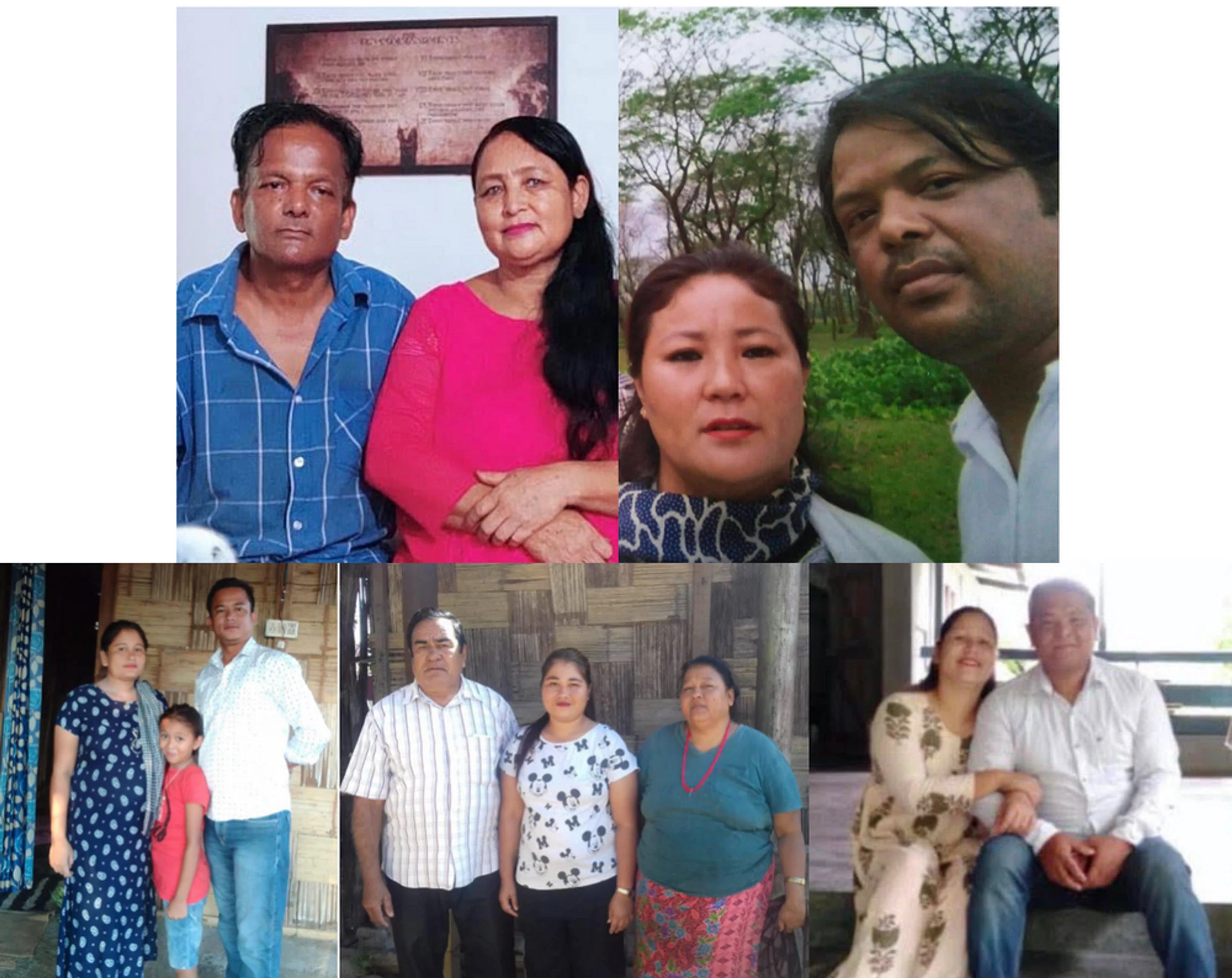 A collage of five different photos showing various couples and families of South Asian descent posing for portraits both indoors and outdoors.