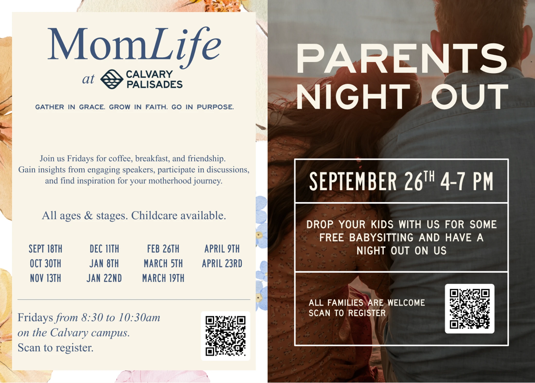 A promotional flyer split in two. The left side details 'MomLife' events for mothers, and the right side advertises 'Parents Night Out' with free babysitting.