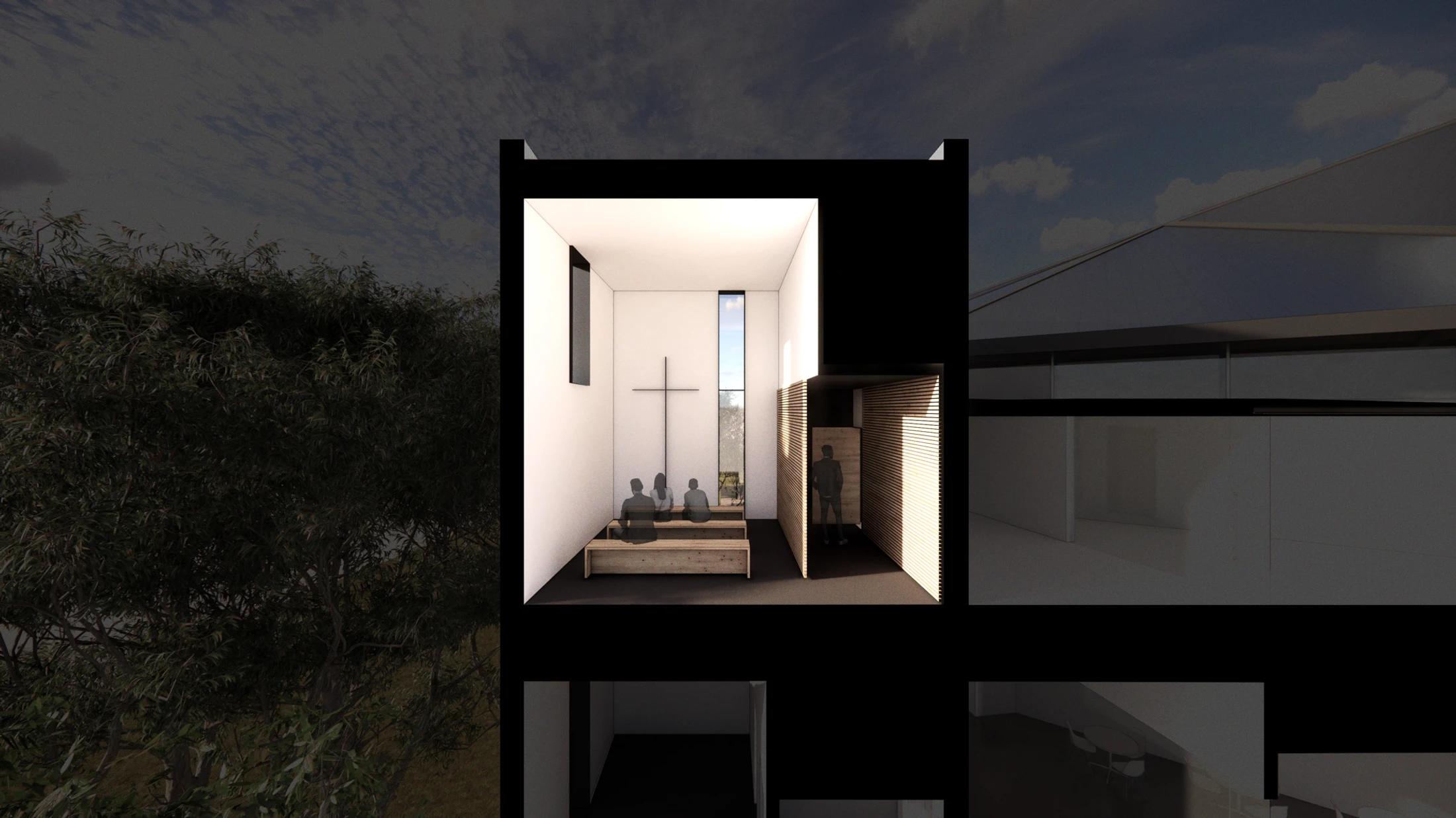 A collage of architectural renderings for a modern chapel, with a central view of the interior showing pews, a cross, and natural light from a tall window.