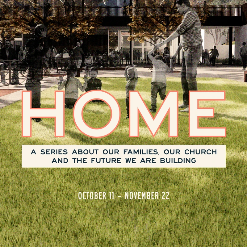 A graphic for a series called 'HOME.' In the background, families and children play on a lawn in front of a modern building.