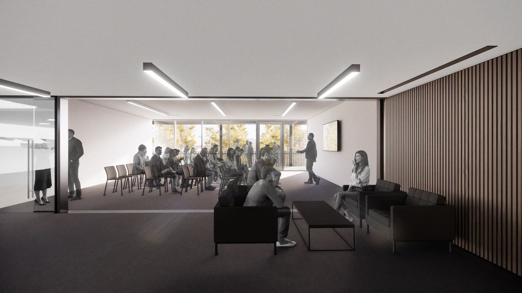 An architectural rendering of a modern office space, featuring a lounge in the foreground and a glass-walled conference room where a presentation is happening.