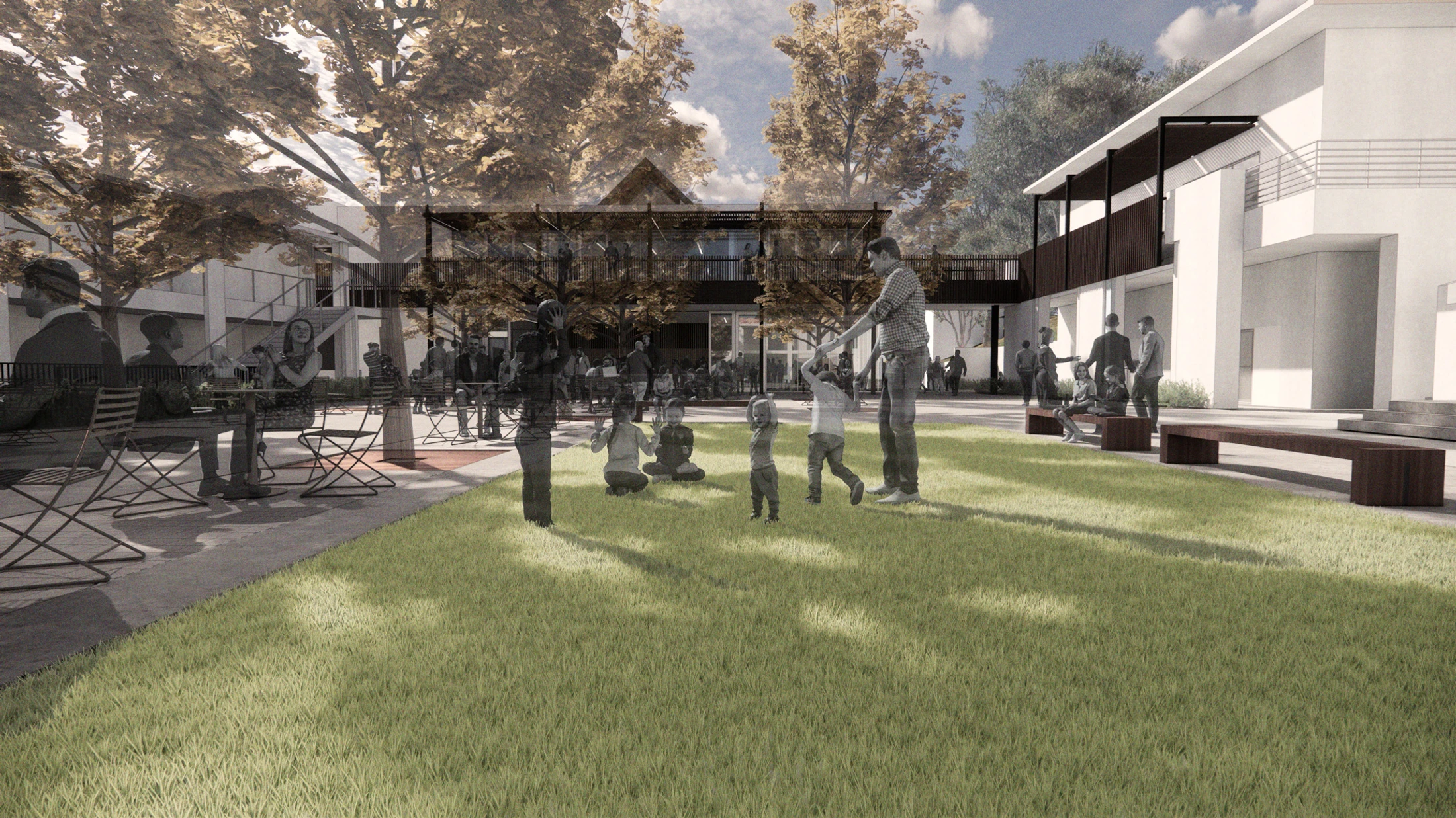 Architectural rendering of a modern courtyard. People gather on a central lawn, at patio tables, and on benches, surrounded by contemporary buildings.