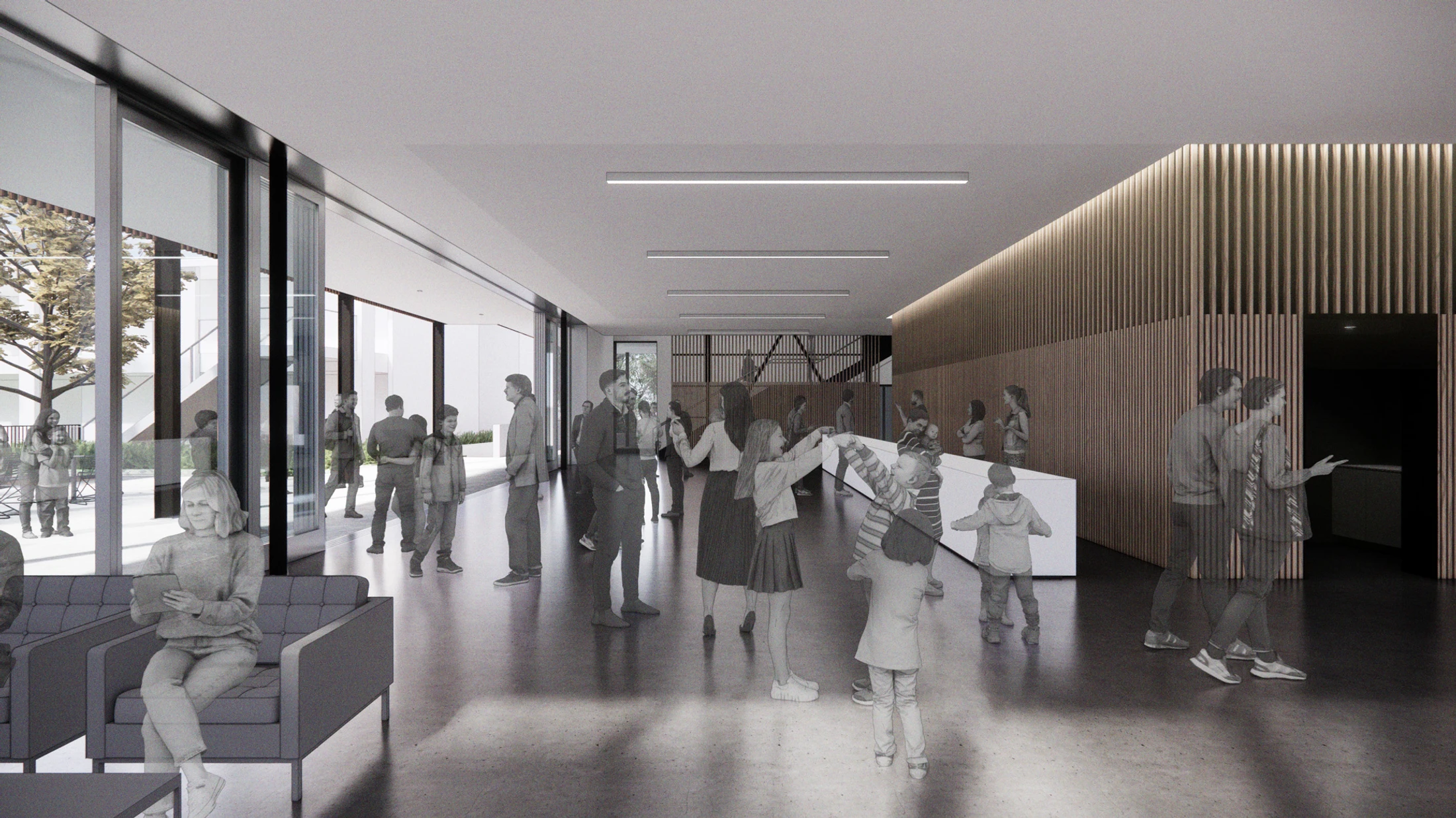 A digital rendering of a spacious, modern lobby with concrete floors, a wood-slat wall, and large windows. Faint, ghostly figures of people fill the space.