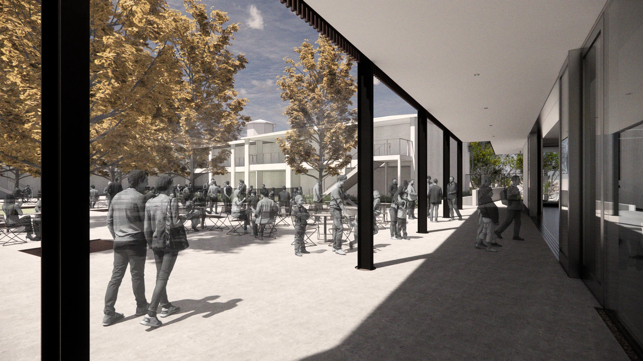 A rendering of a modern building's courtyard with people socializing. The people are monochrome, contrasting with the bright yellow leaves on the trees.