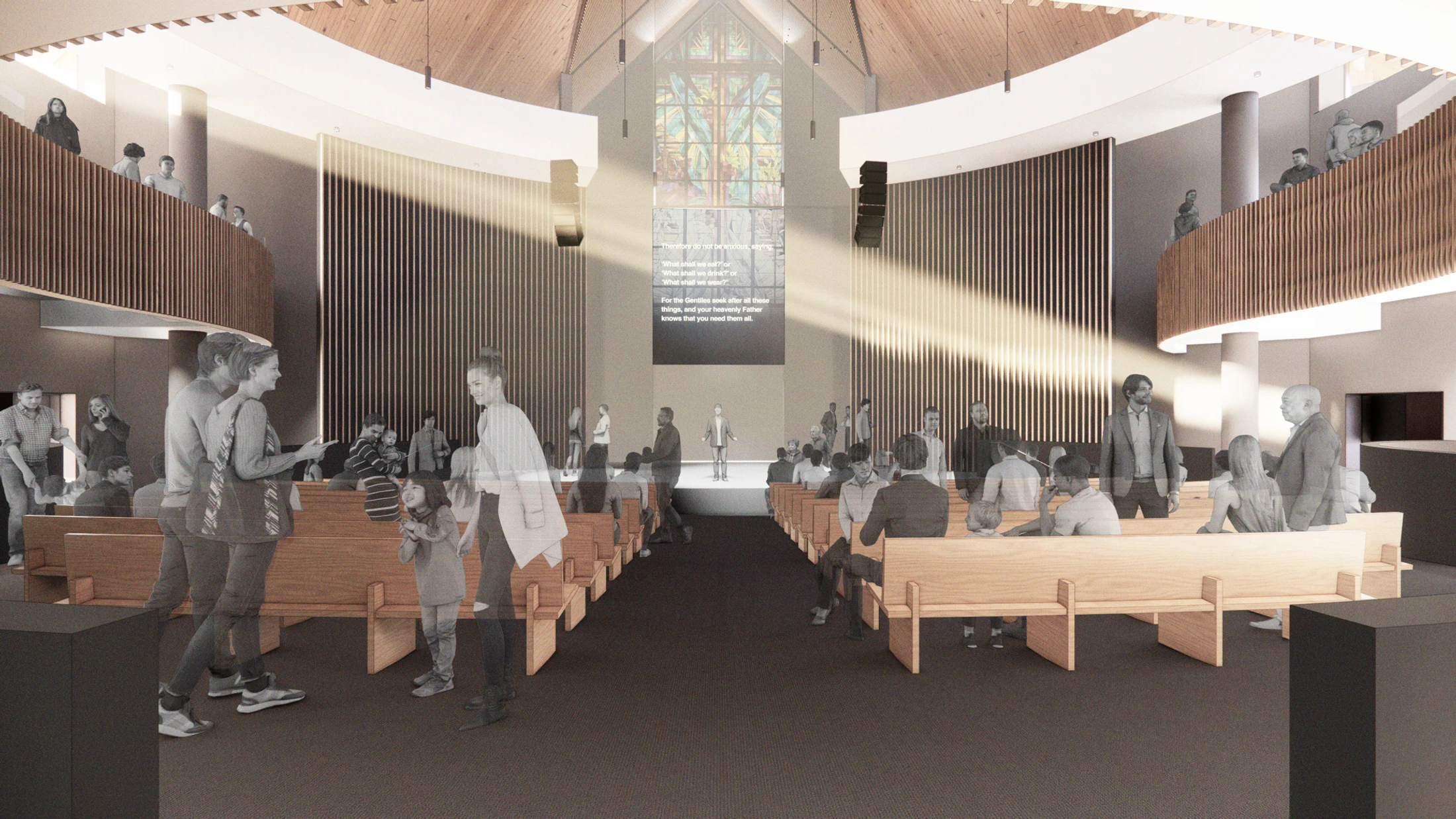 An architectural rendering of a modern, circular church with light wood pews and a curved balcony. Beams of light shine into the sanctuary filled with people.