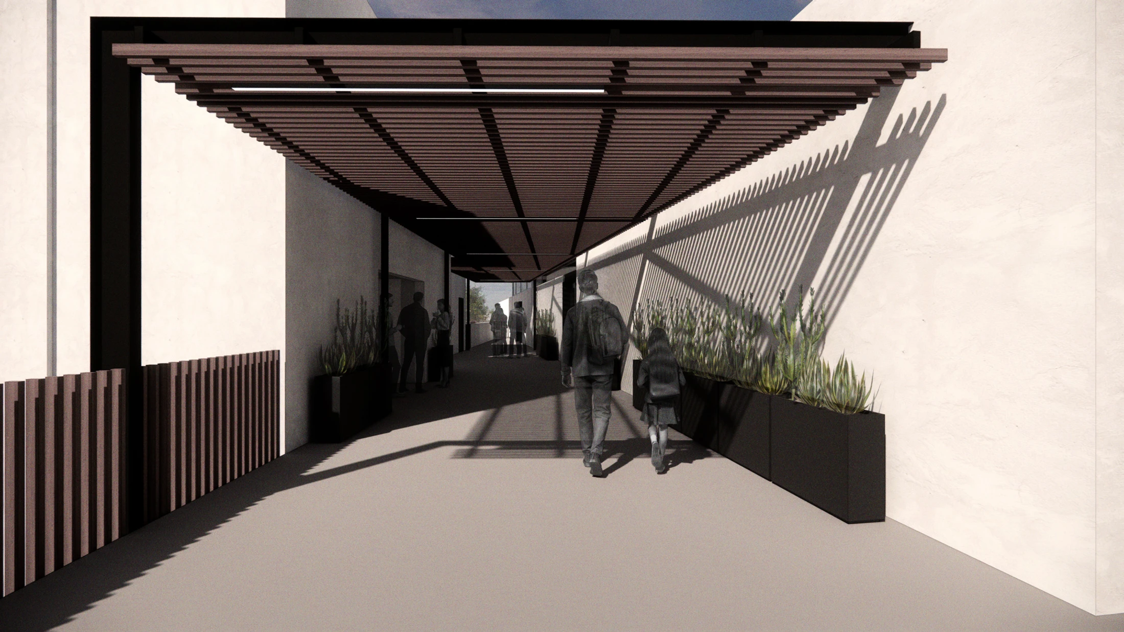 An architectural rendering of a covered walkway with a slatted pergola roof casting long, linear shadows. People, including a man and a girl, walk through.