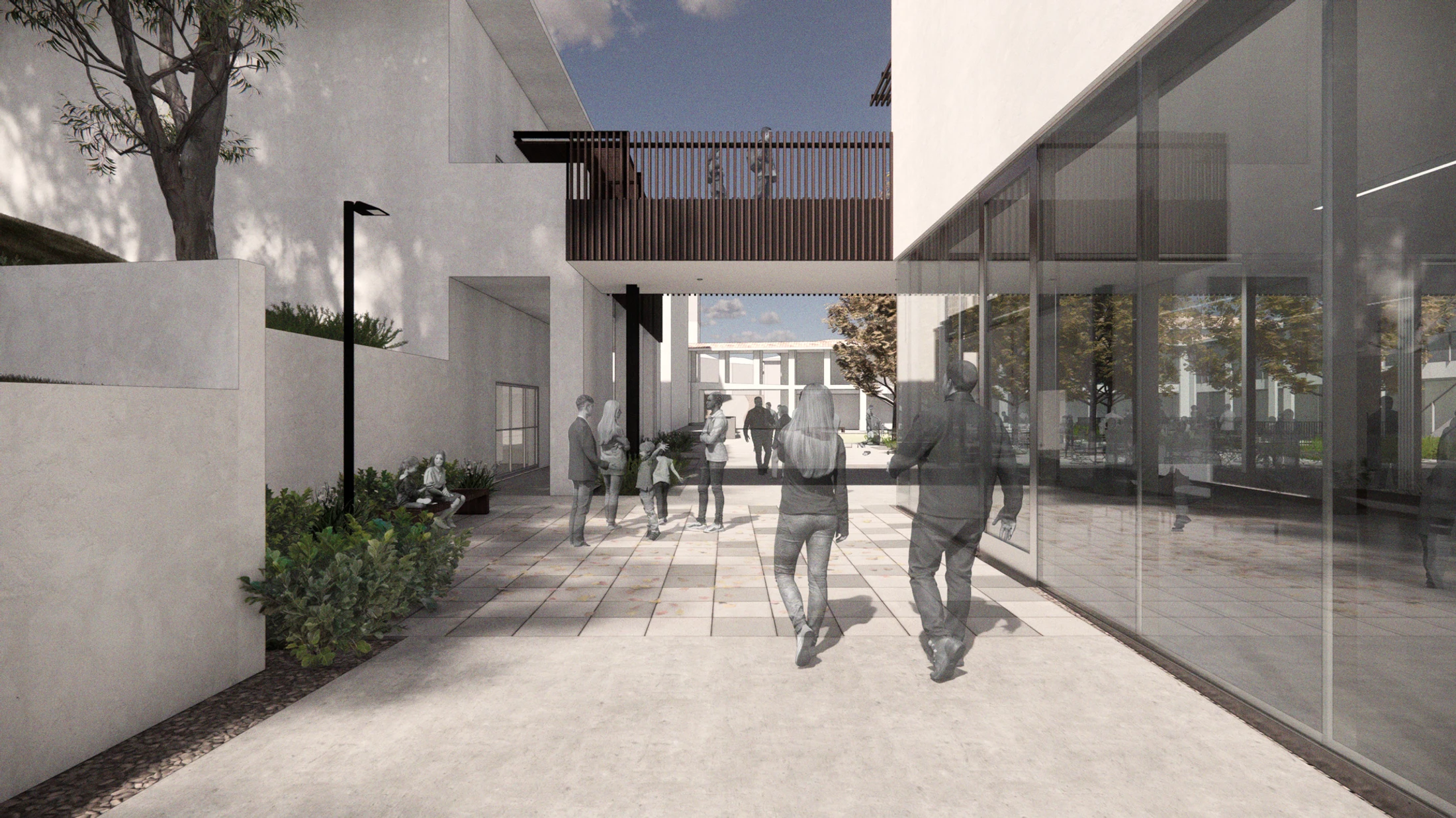 A 3D rendering of a sunlit courtyard between modern white buildings. Semi-transparent figures of people walk and talk in the space and on an overhead bridge.